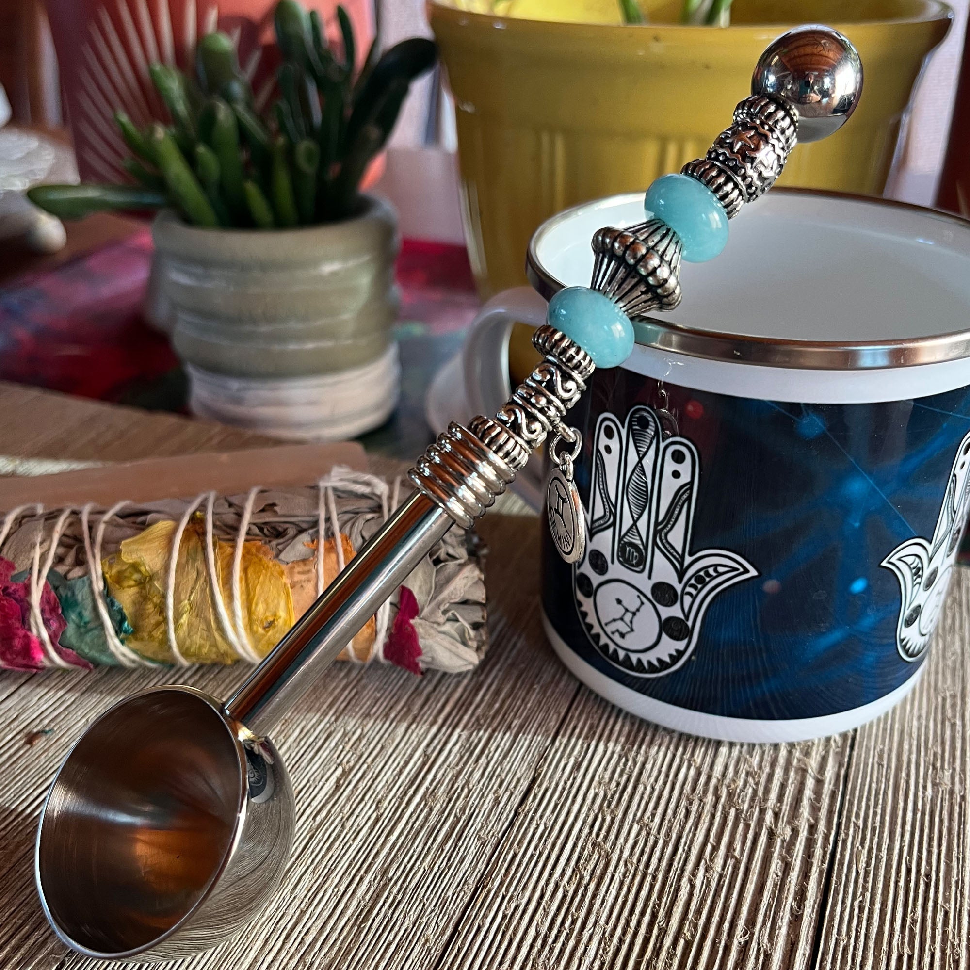 Handcrafted Astro Bowl Spoon designed for tea lovers, combining natural stones and zodiac charm.
