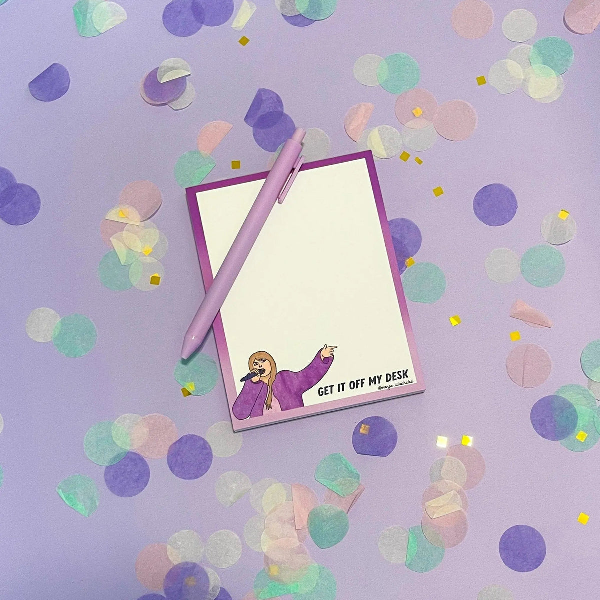 Get it off my desk notepad detail — hand drawn corner illustration and purple script lettering by indie artist MangoIllustrated