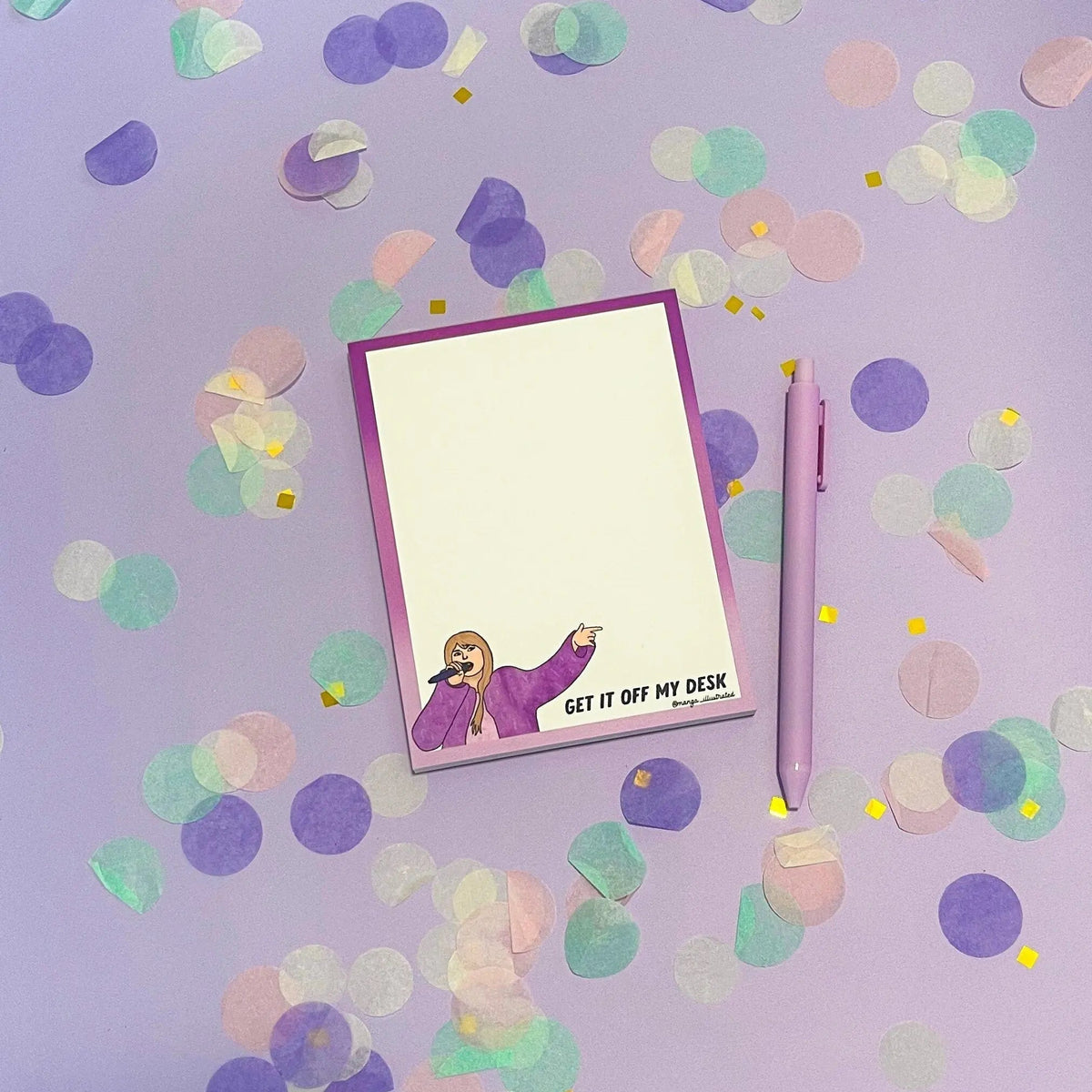 Get it off my desk notepad flat lay — 50 sheet gummed to-do list pad on a styled desk by indie artist MangoIllustrated