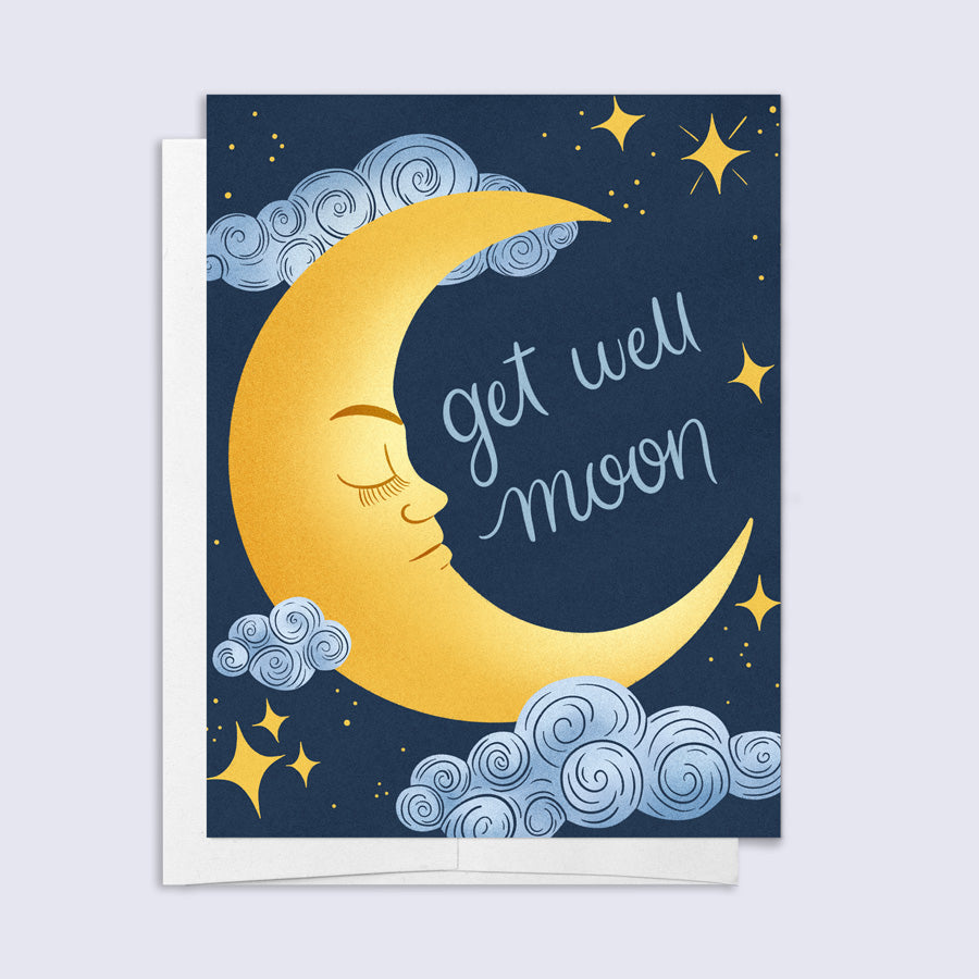 Greeting card with a yellow moon and stars on a blue background, featuring the text &