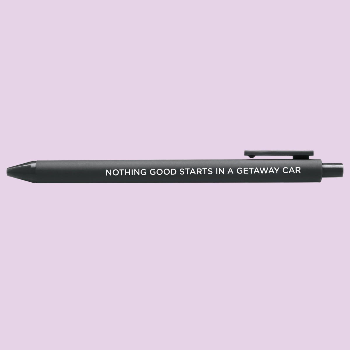 Getaway Car jotter gel pen angled view — black jotter gel pen with black gel ink by indie artist MangoIllustrated