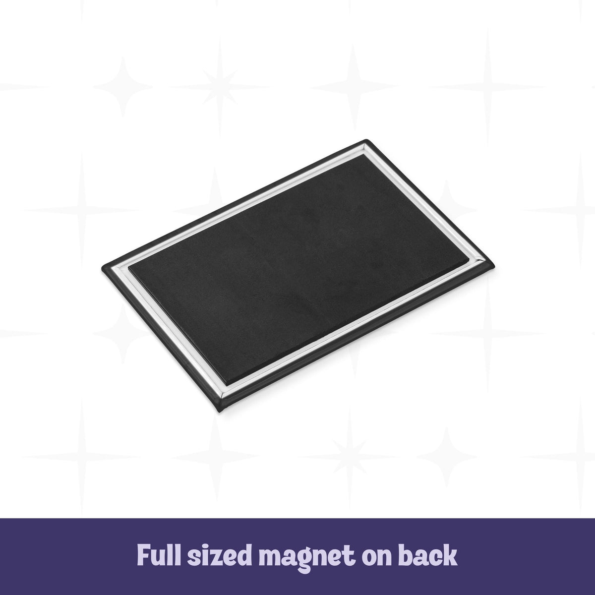 Back of goth mom fridge magnet showing full-sized black magnetic backing with silver border