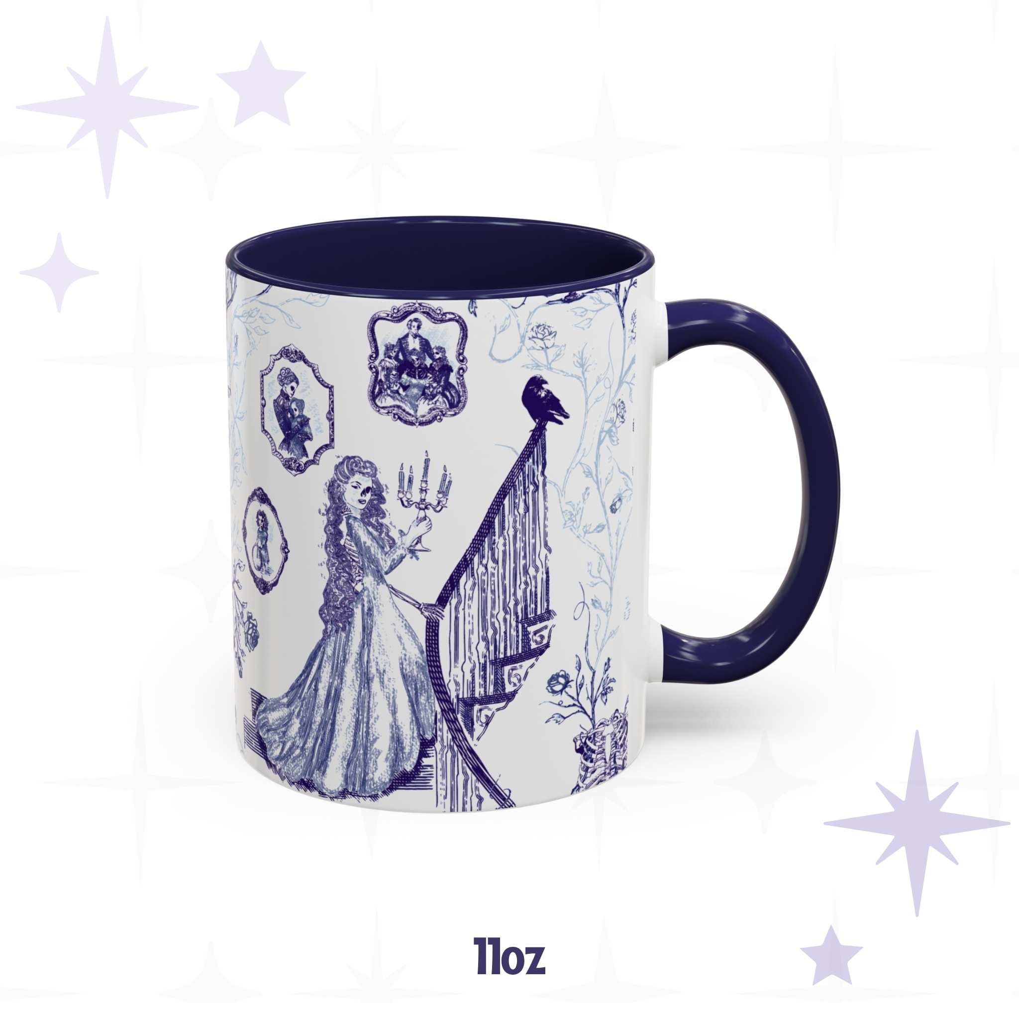 11 oz gothic toile mug with a candelabra staircase scene, raven, and skull cameo portraits