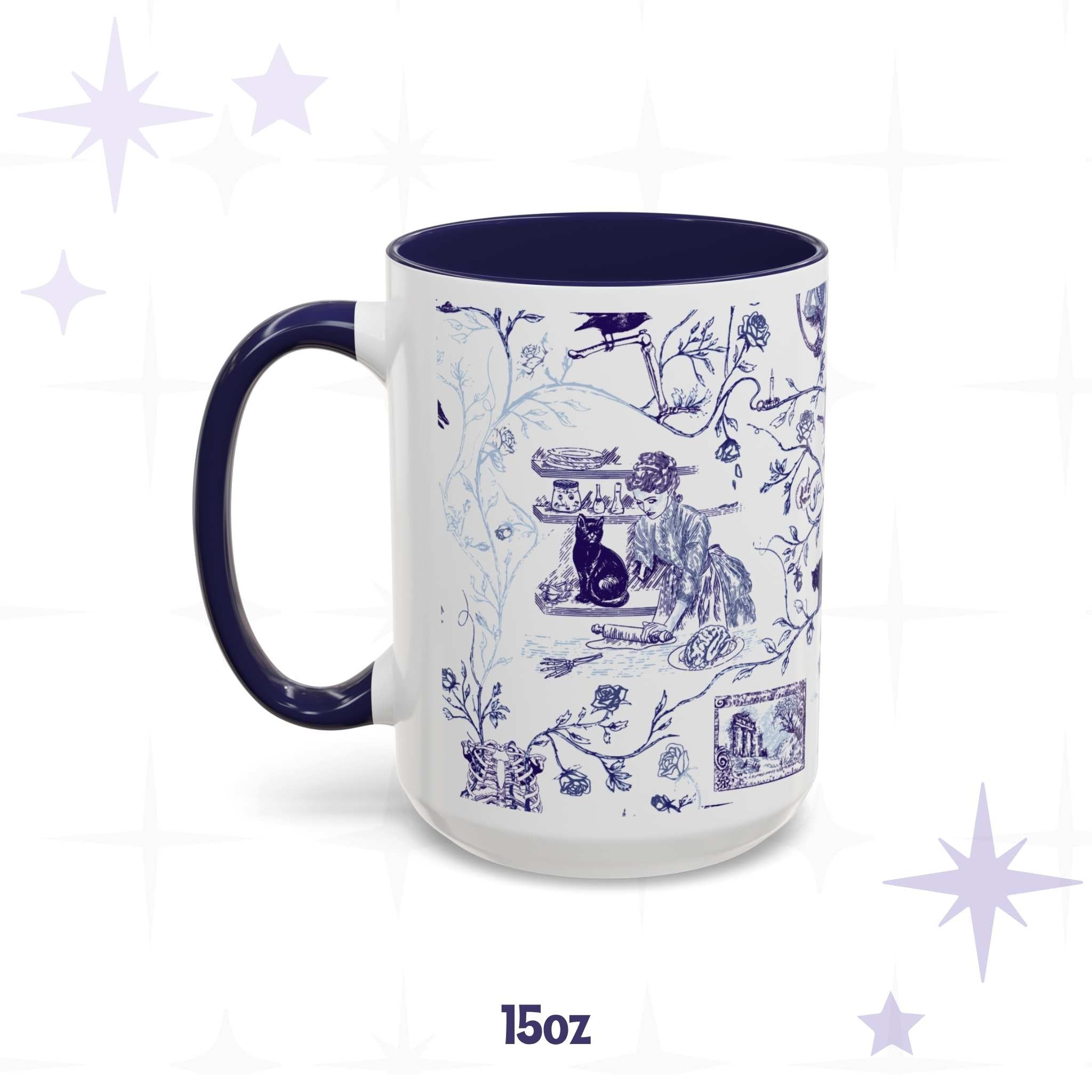 15 oz blue and white gothic toile mug with a Victorian baking scene and black cat, navy interior