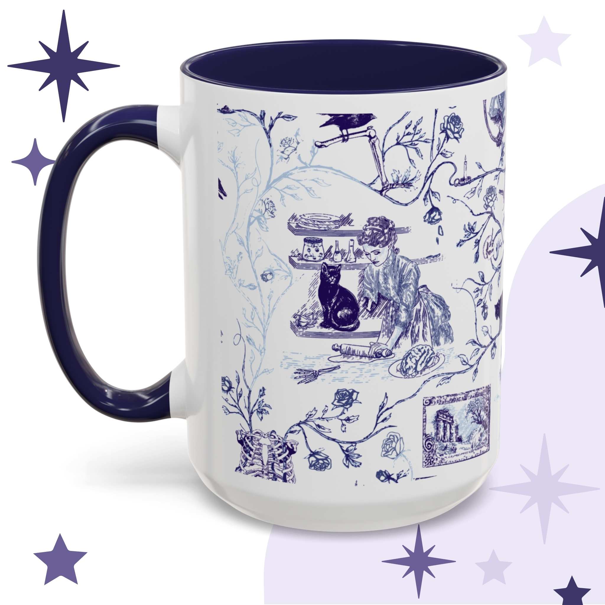 Gothic toile mug showing a Victorian woman baking a plate of brains with a black cat and skeletal crow in blue and white