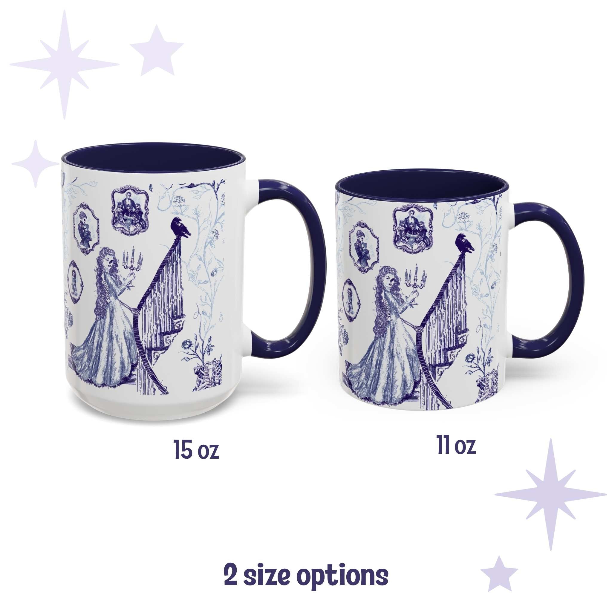 Blue and white gothic toile mugs in 15 oz and 11 oz sizes with a candlelit staircase and raven design