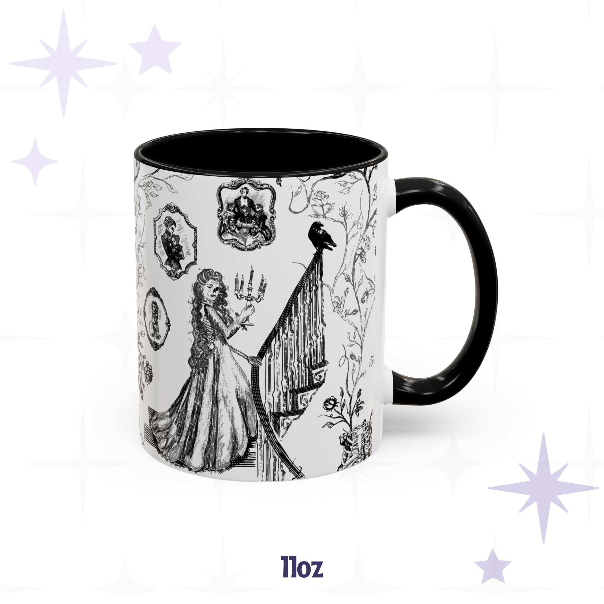 11 oz gothic toile de Jouy mug with a candelabra staircase scene, raven, and skull cameo portraits