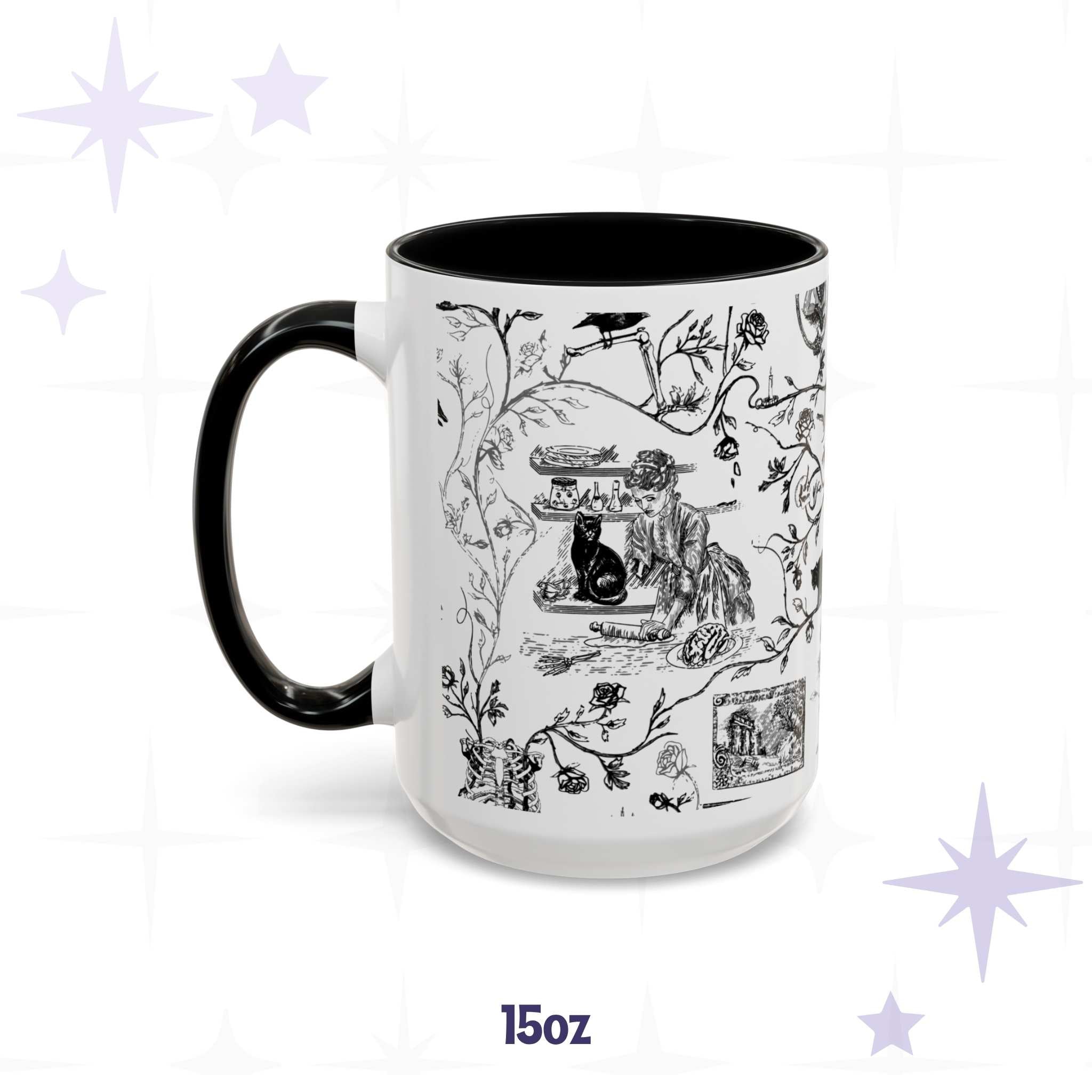 15 oz black and white gothic toile mug with a Victorian baking scene and black cat, black interior