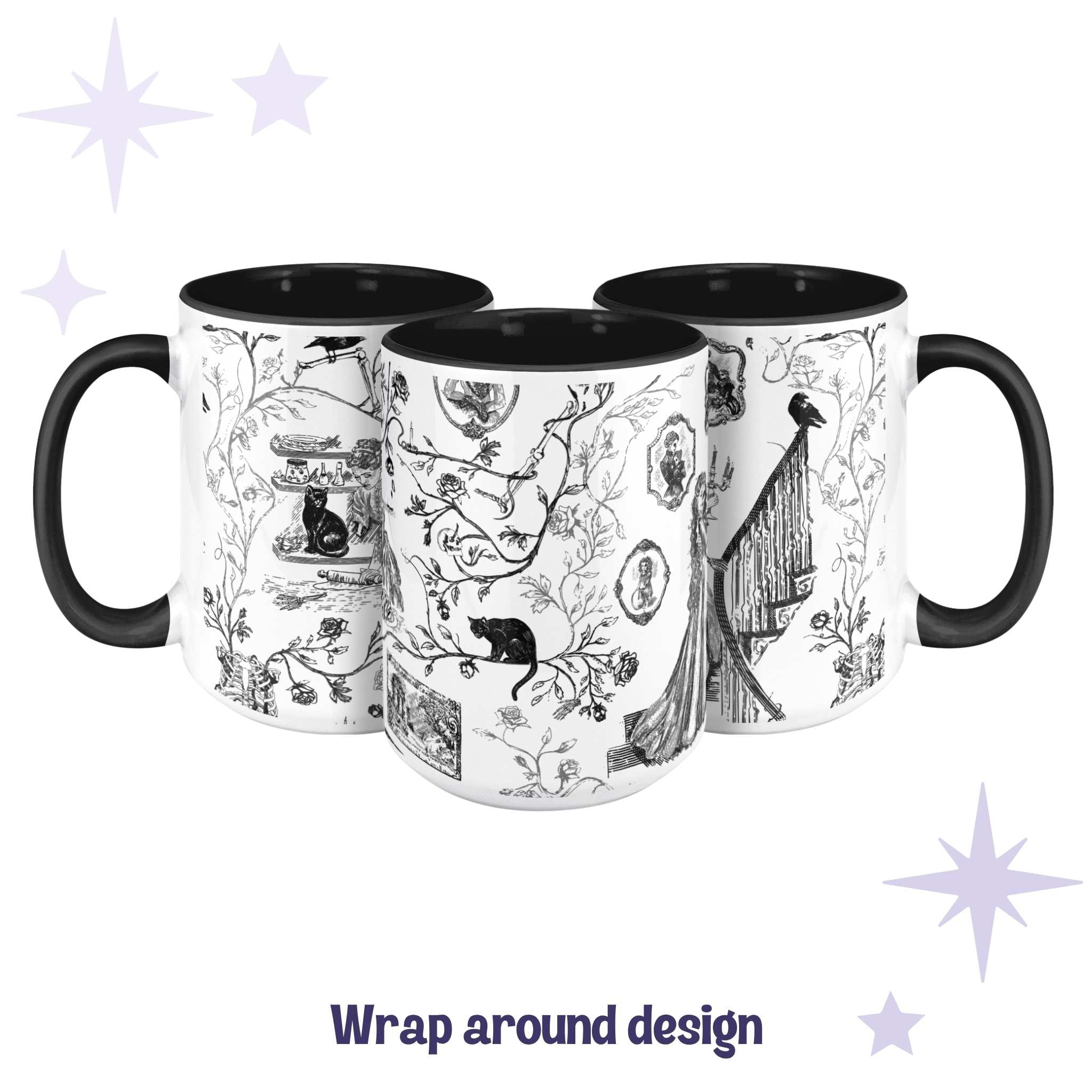 Three black and white gothic toile mugs showing the full wrap-around zombie pattern design
