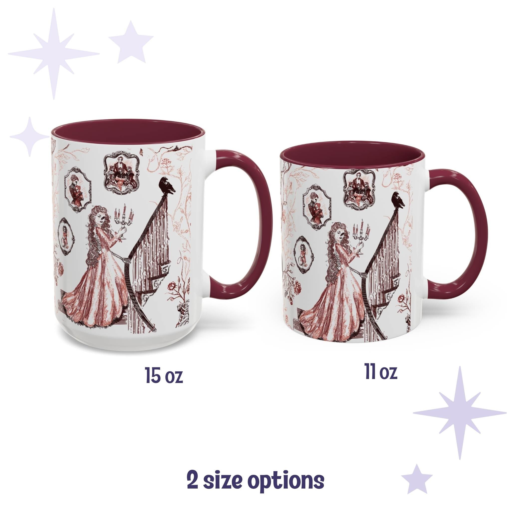 Oxblood red gothic toile mugs in 15 oz and 11 oz sizes with a candlelit staircase and raven design