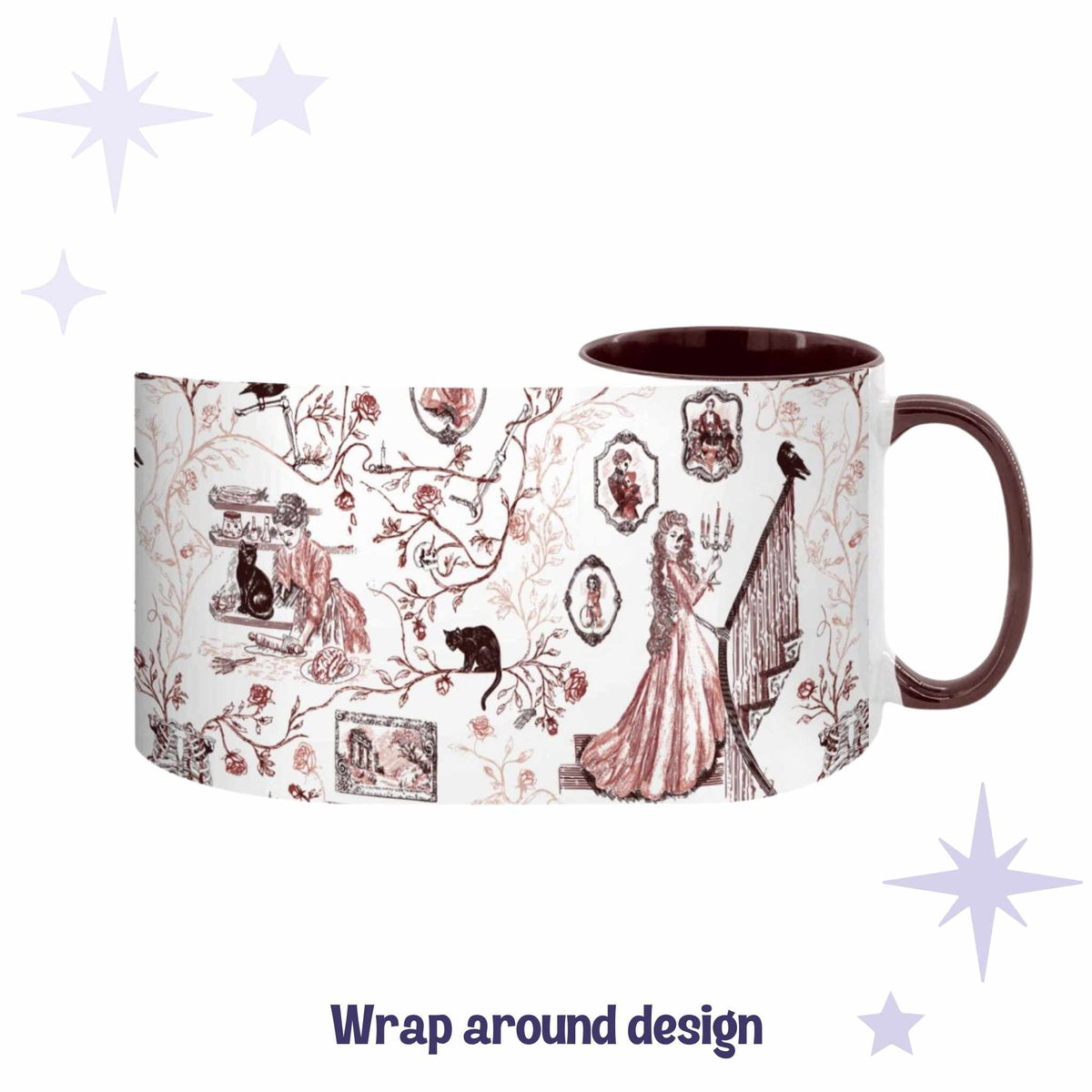 Oxblood red gothic toile mug showing the full wrap-around Victorian zombie design