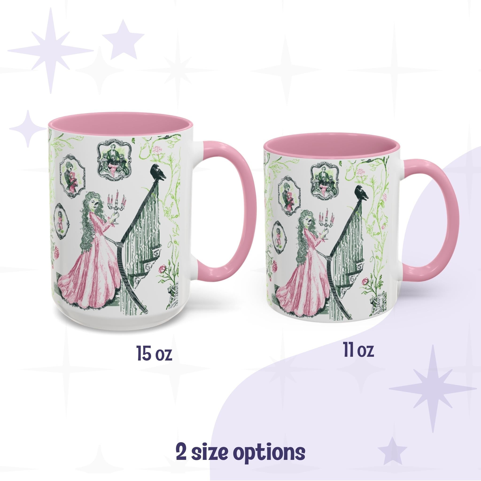 Pink accent preppy gothic toile mugs in 15 oz and 11 oz sizes with a candelabra staircase design