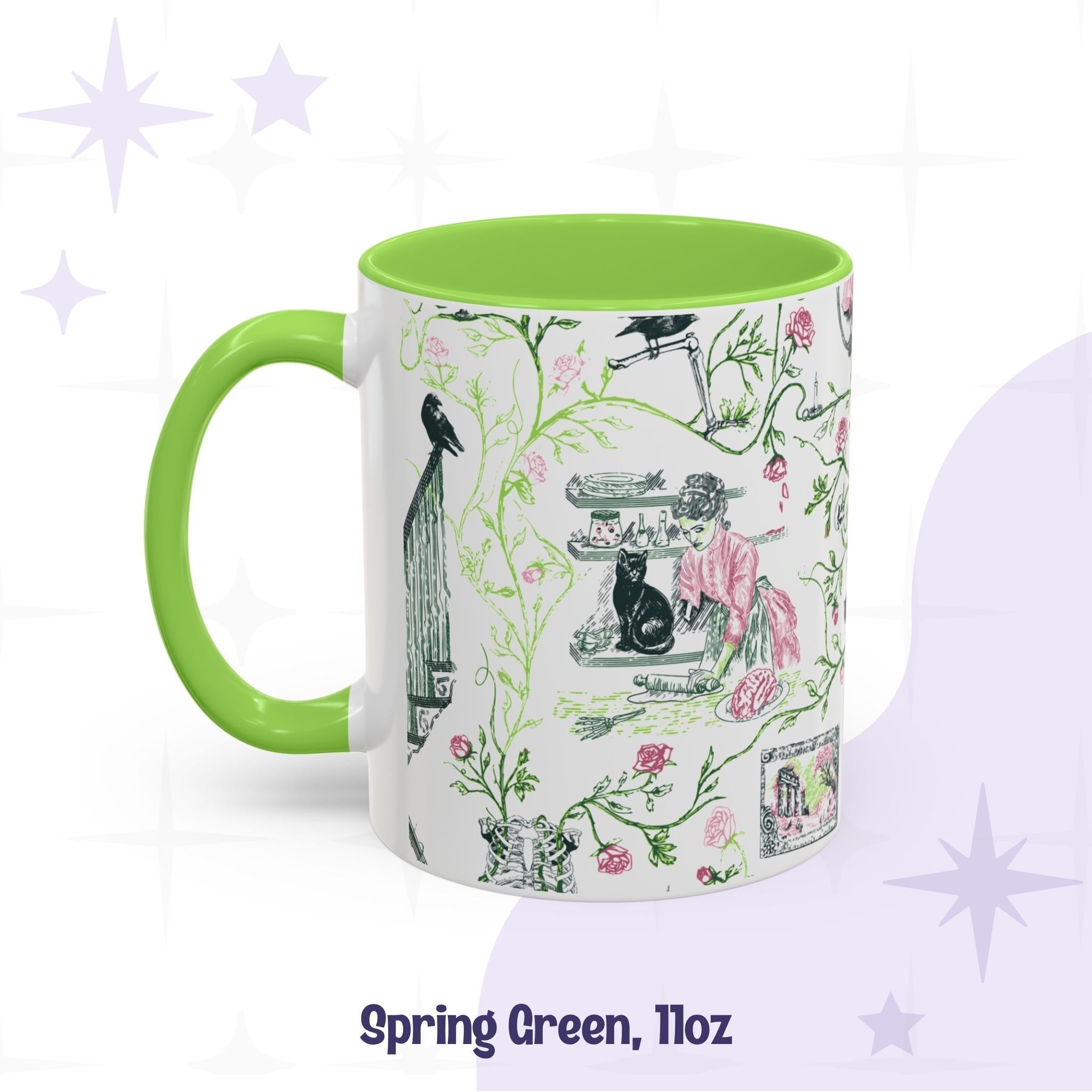 Spring green 11 oz preppy gothic toile mug with a kitchen scene, skeletal crow, and rose vines