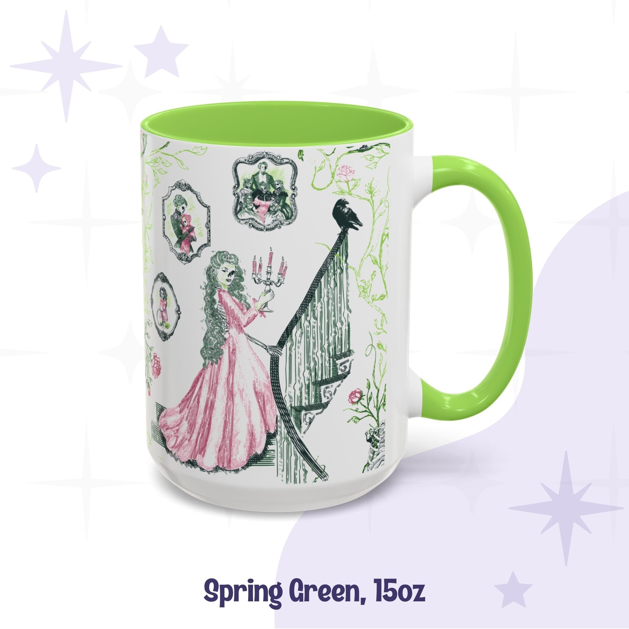 Spring green 15 oz preppy gothic toile mug with a Victorian staircase scene and thorny roses