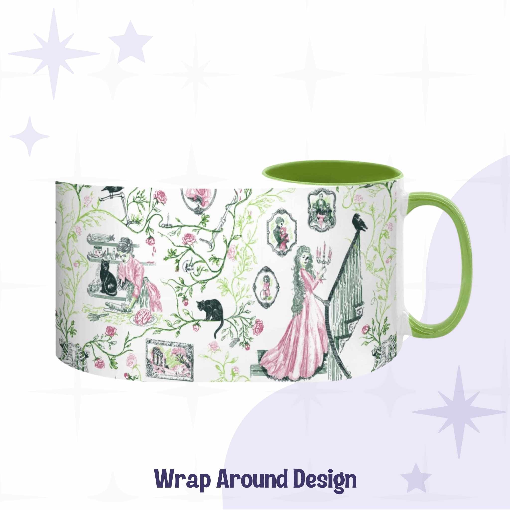 Preppy Pink and Green gothic toile mug showing the full wrap-around Victorian zombie design