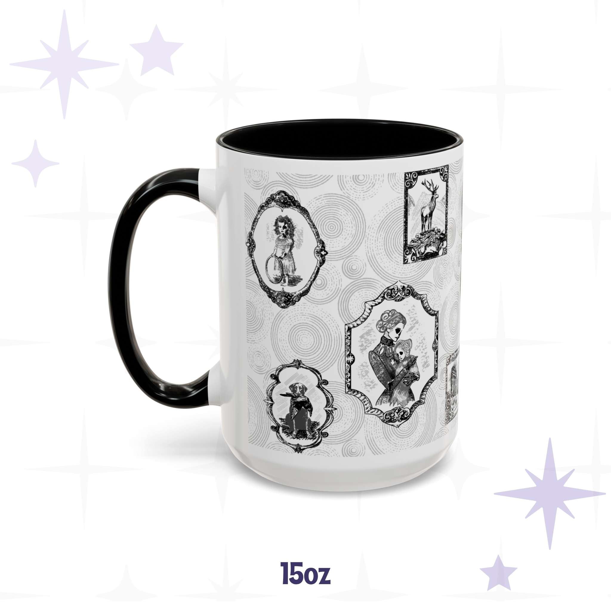 15 oz black and white gothic portrait mug with framed skeletal Victorian sitters and a stag on bones, black interior