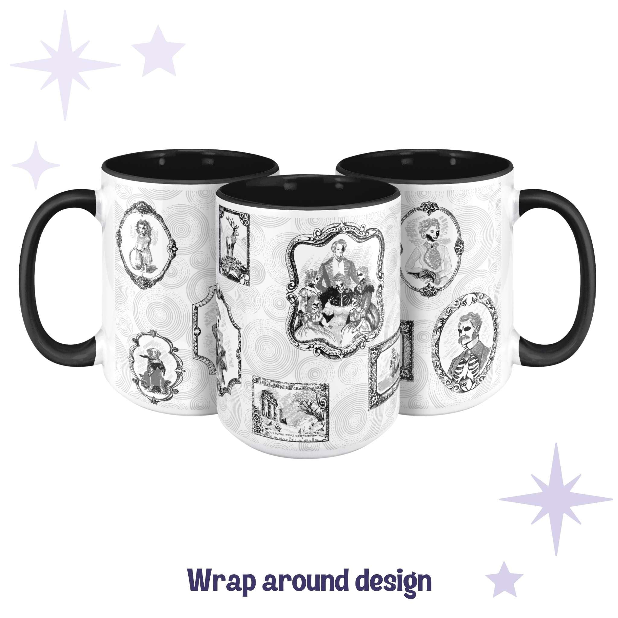 Three black and white gothic portrait mugs showing the full wrap-around zombie gallery design