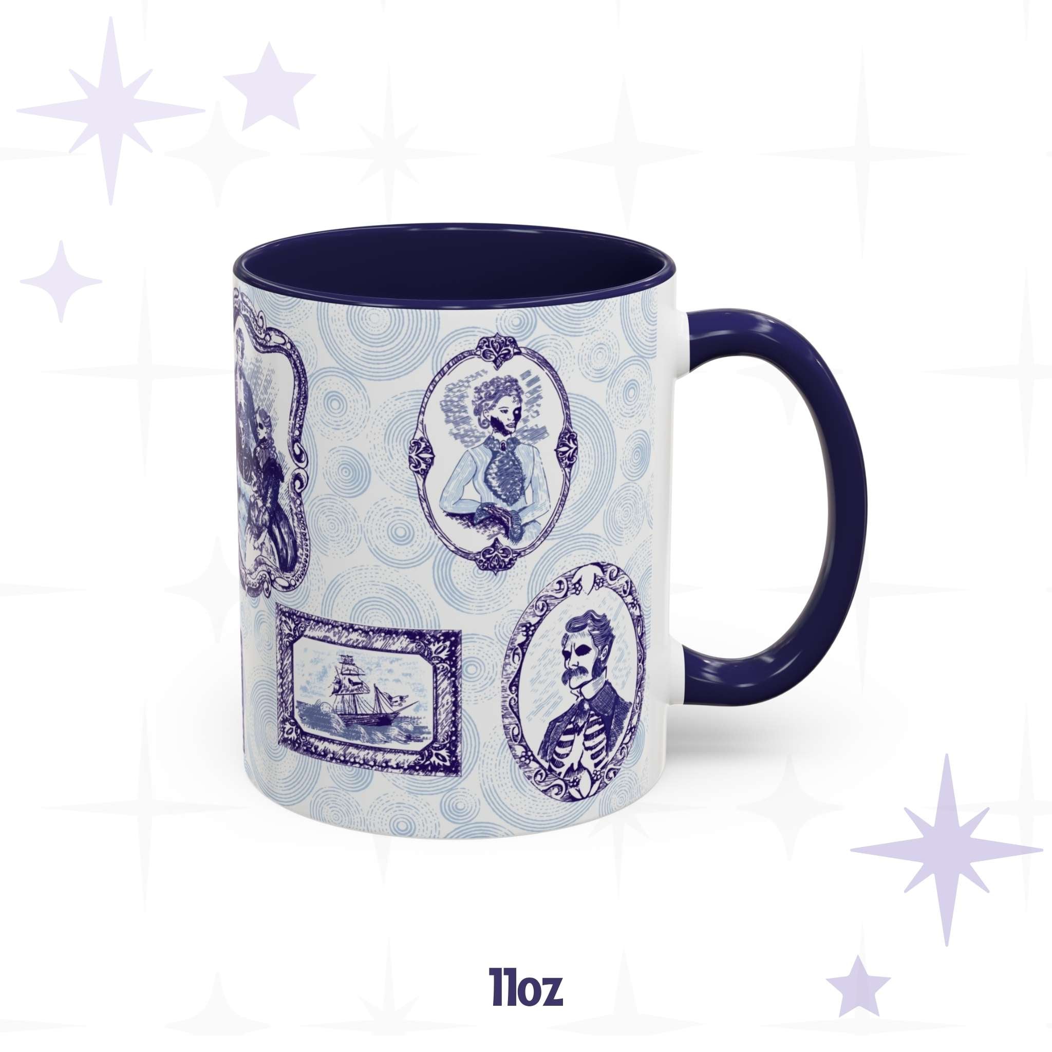 11 oz delft Victorian zombie portrait gallery mug with a jawless cameo lady, ribcage gentleman, and ghost ship