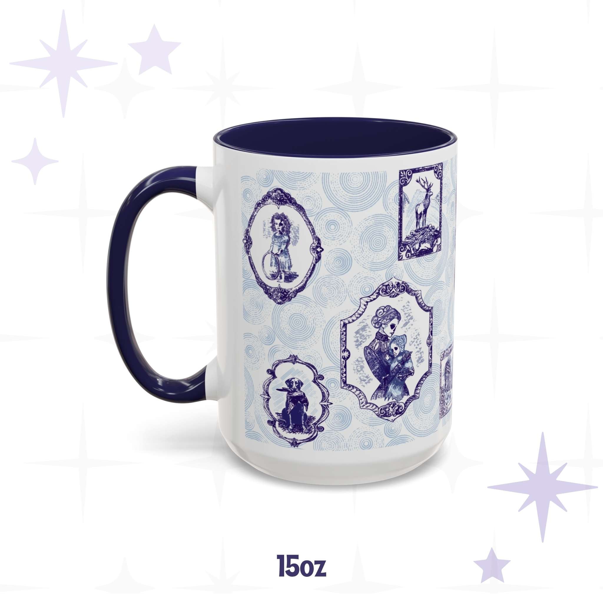 15 oz blue and white delft portrait mug with framed skeletal Victorian sitters and a stag on bones, navy interior