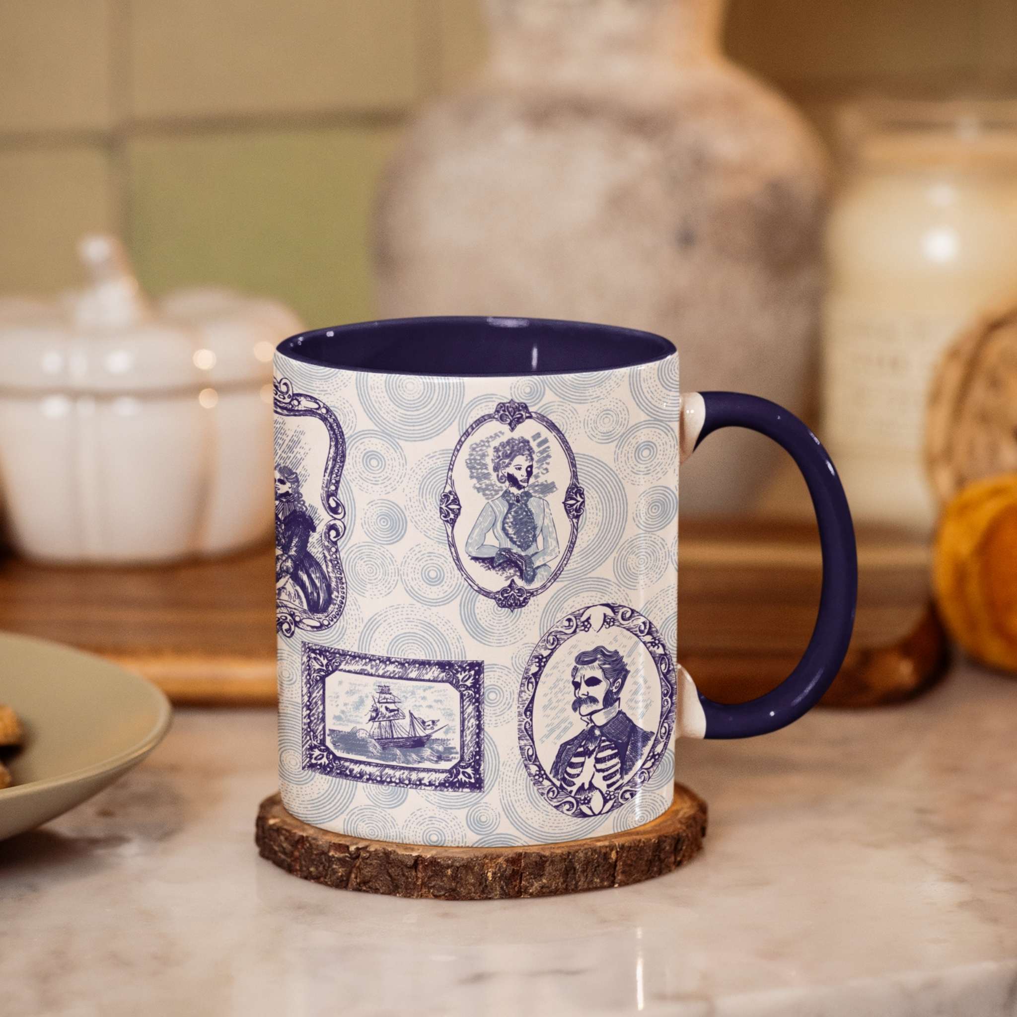 Blue and white Victorian zombie portrait gallery mug on a wood coaster in a cozy fall kitchen