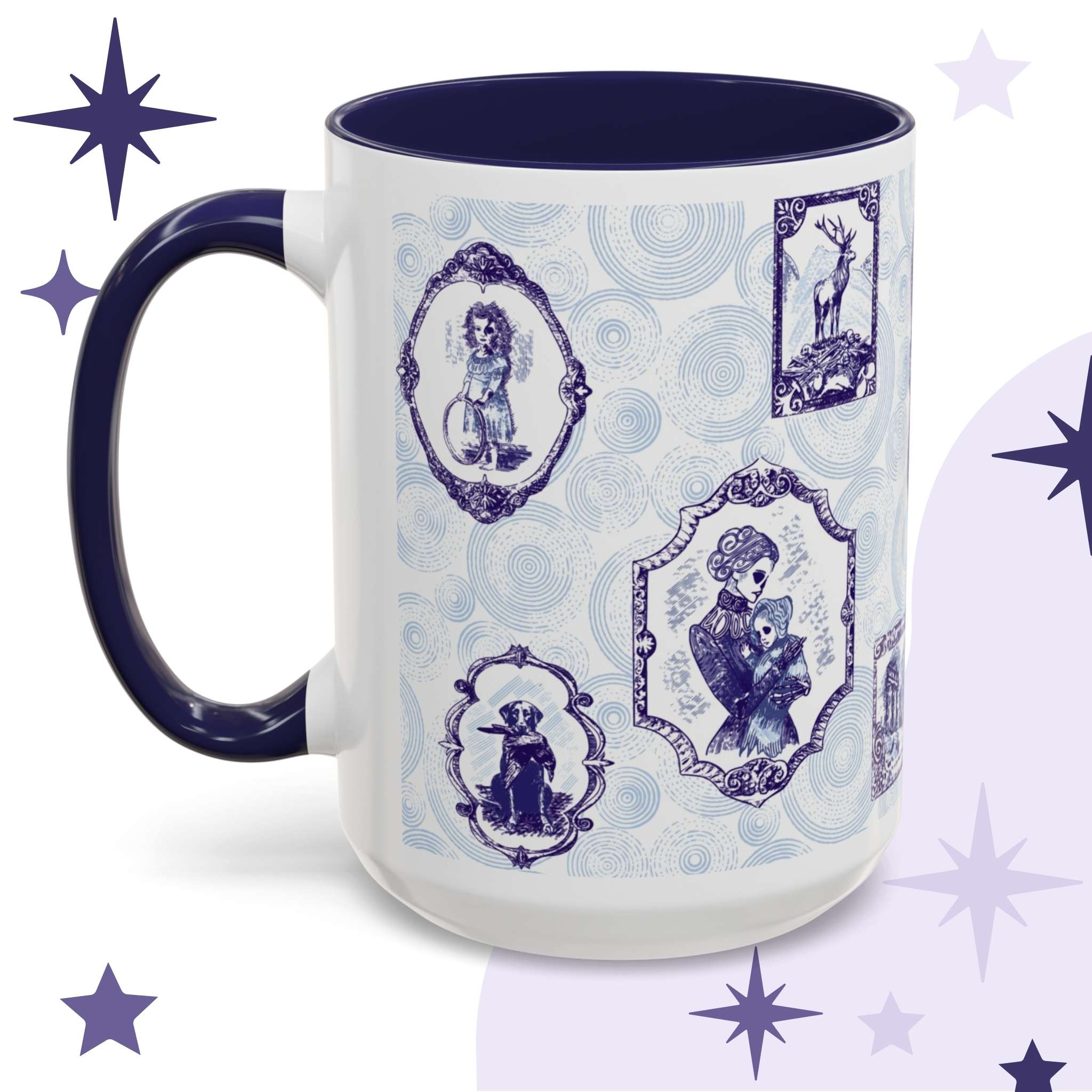 Blue and white delft portrait mug showing framed Victorian ancestors including a haunted girl, a stag on bones, and a raven-holding dog