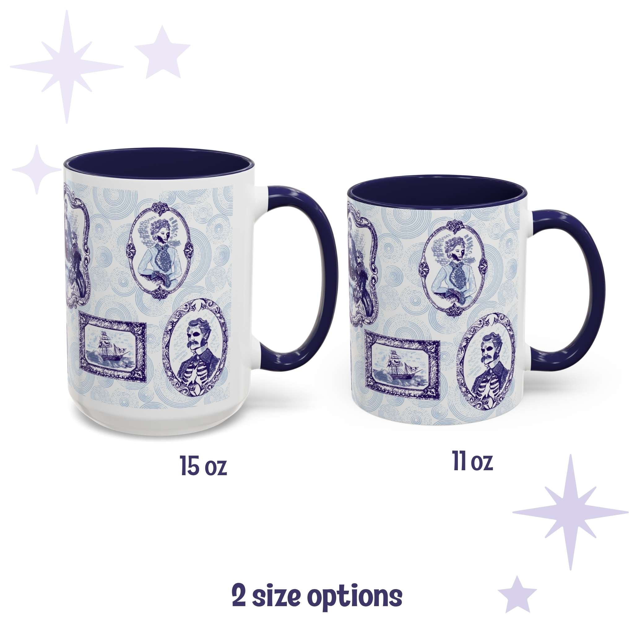 Blue and white delft portrait gallery mugs in 15 oz and 11 oz sizes with skeletal Victorian cameos and a ghost ship