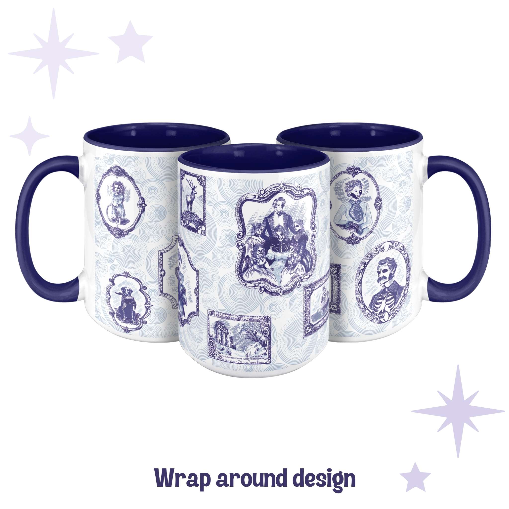 Three blue and white delft portrait mugs showing the full wrap-around zombie gallery design