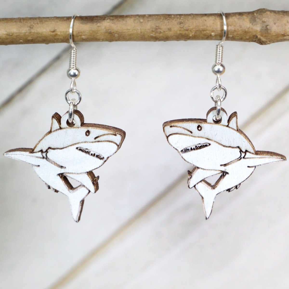Great White Shark Wooden Earrings - - Cate&