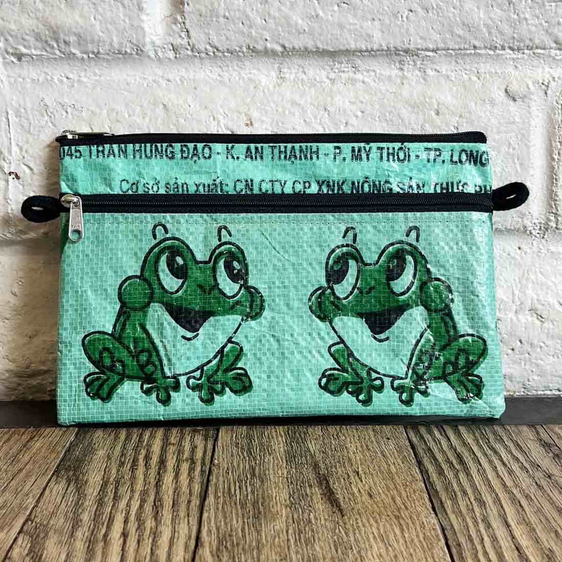green frog print recycled pouch
