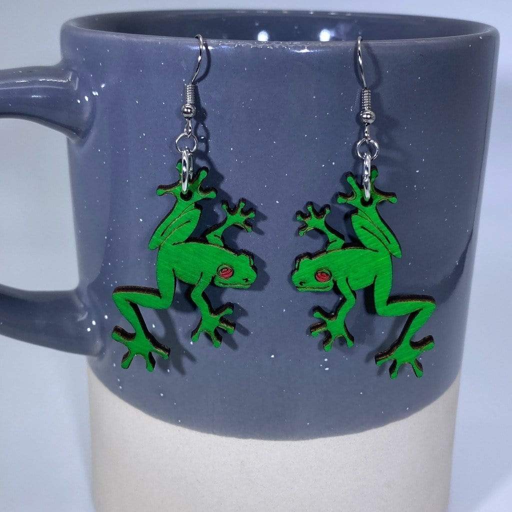 Green Rainforest Tree Frogs Wooden Dangle Earrings - - Cate&
