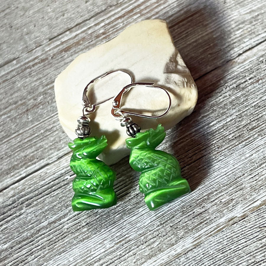 Green Dragon Earrings featuring emerald optic stones that glow, perfect gift for fantasy lovers.