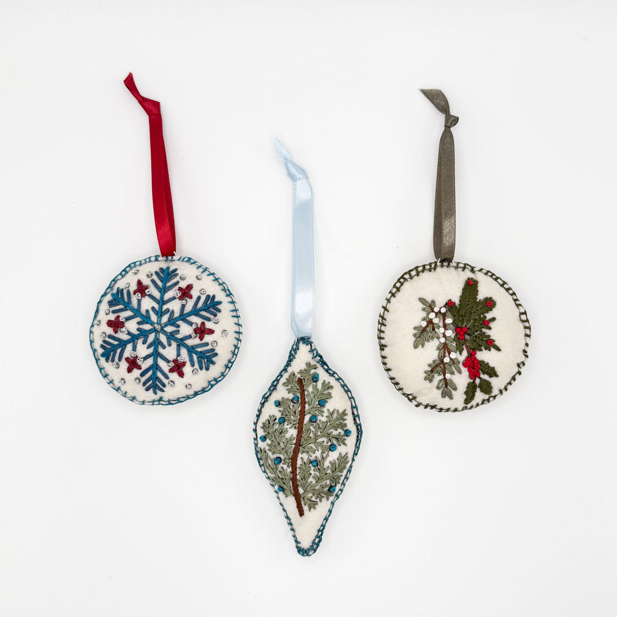 set of 3 ornaments embroidered by hand for Holiday with ribbon strings, ethically made, lay flat