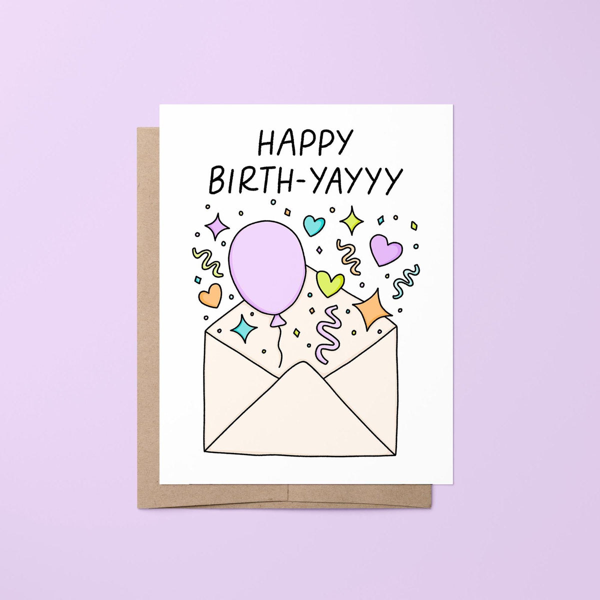 Happy Birth-yayyy birthday card — illustrated confetti, stars, hearts and a balloon bursting out of an envelope with hand lettered greeting, 4.25 x 5.5 in folded, by MangoIllustrated