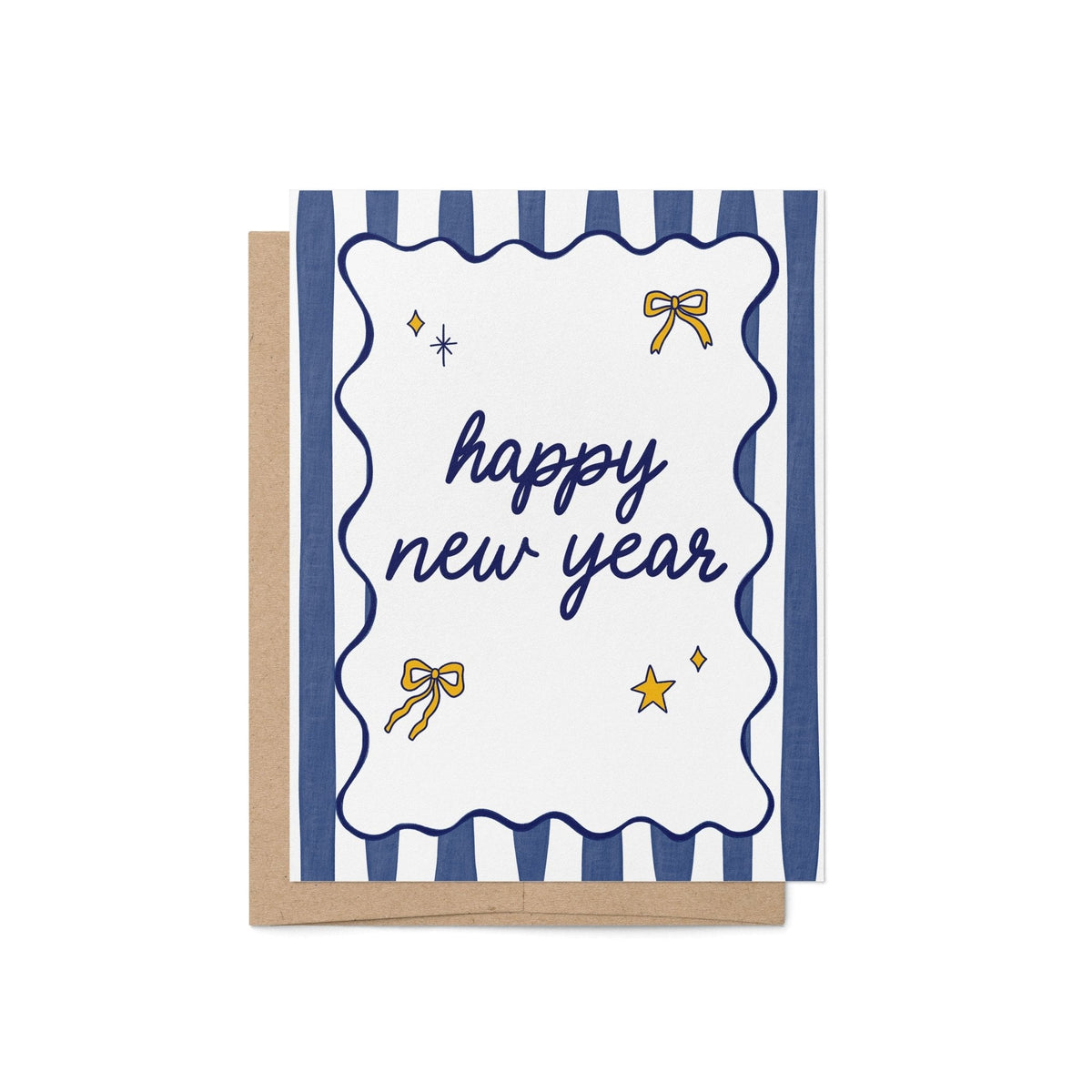 Happy New Year Greeting Card — navy hand lettered script with gold bows and stars on navy and white stripes, 4.25 x 5.5 inch folded card, by MangoIllustrated
