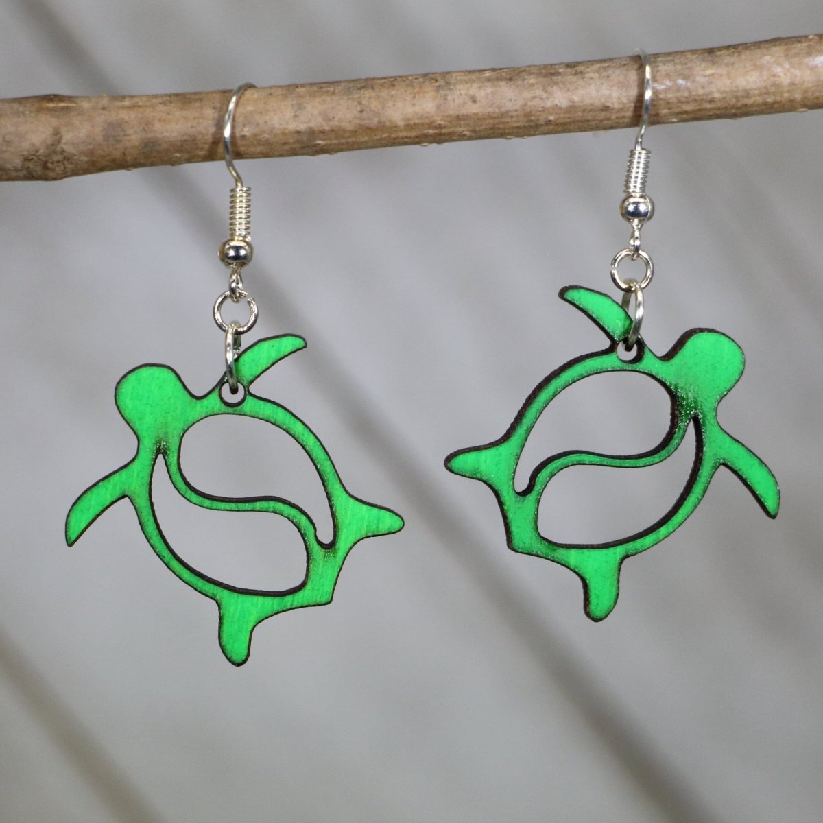 Green Hand-painted wooden Hawaiian sea turtle dangle earrings with honu ocean design and hypoallergenic sterling silver hooks, lightweight sea turtle statement jewelry earrings for beach lovers and island style