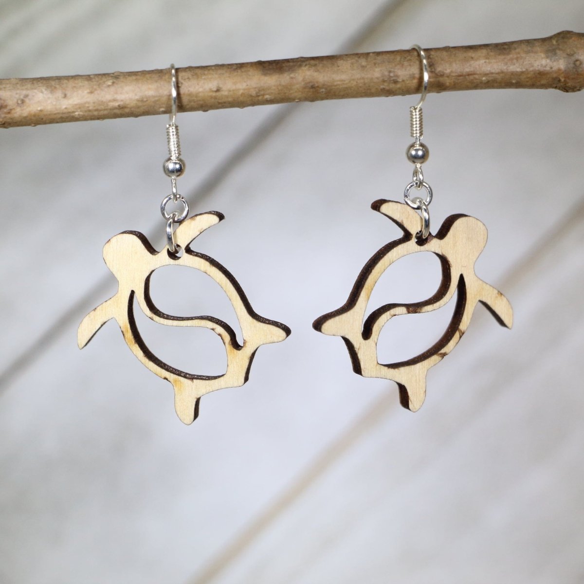 Hawaiian Sea Turtle Wooden Dangle Earrings - Natural Wood - Cate&