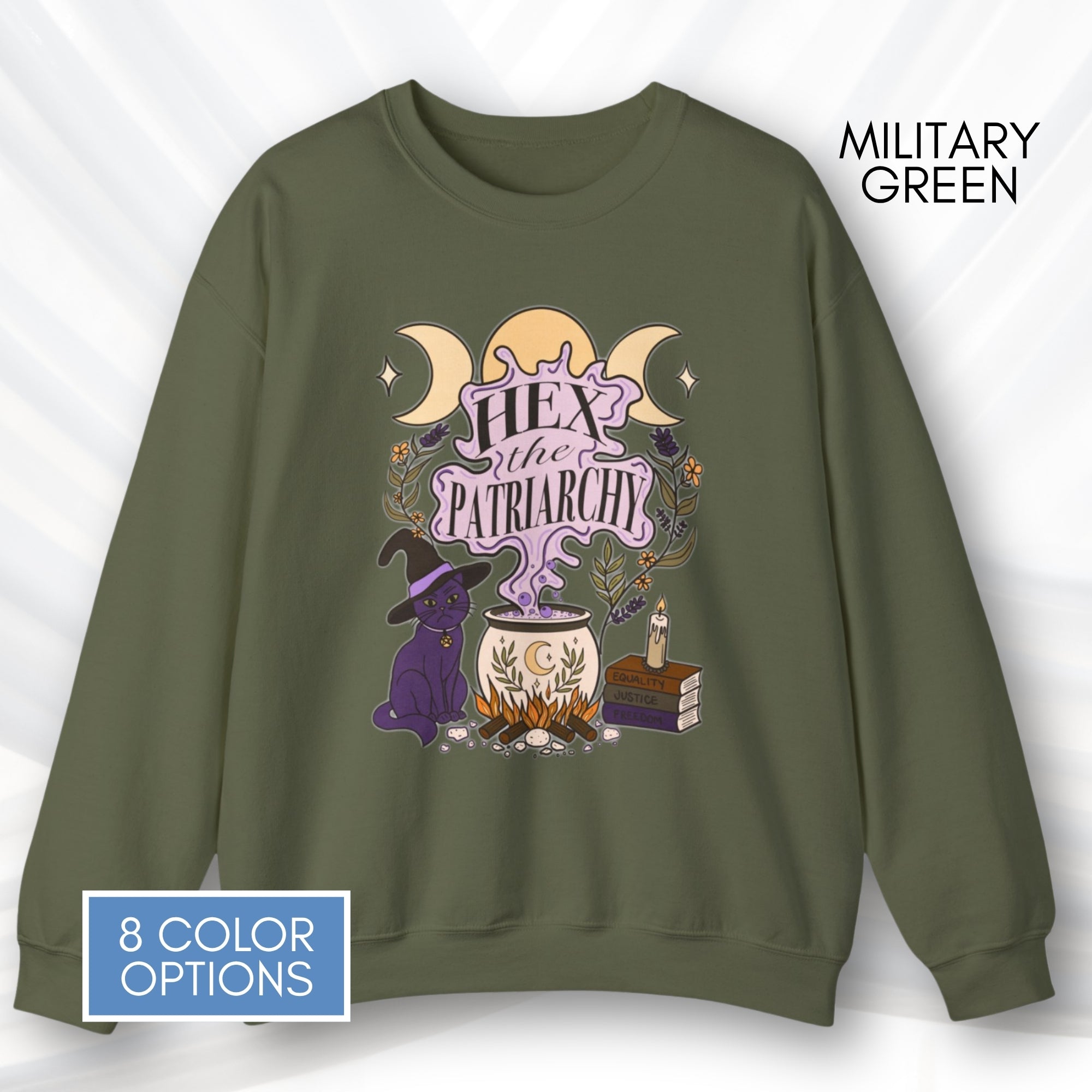 hex-the-patriarchy-witchy-feminist-sweatshirt-halloween-activism-crewneck-sweater-hand-drawn-art-military-green