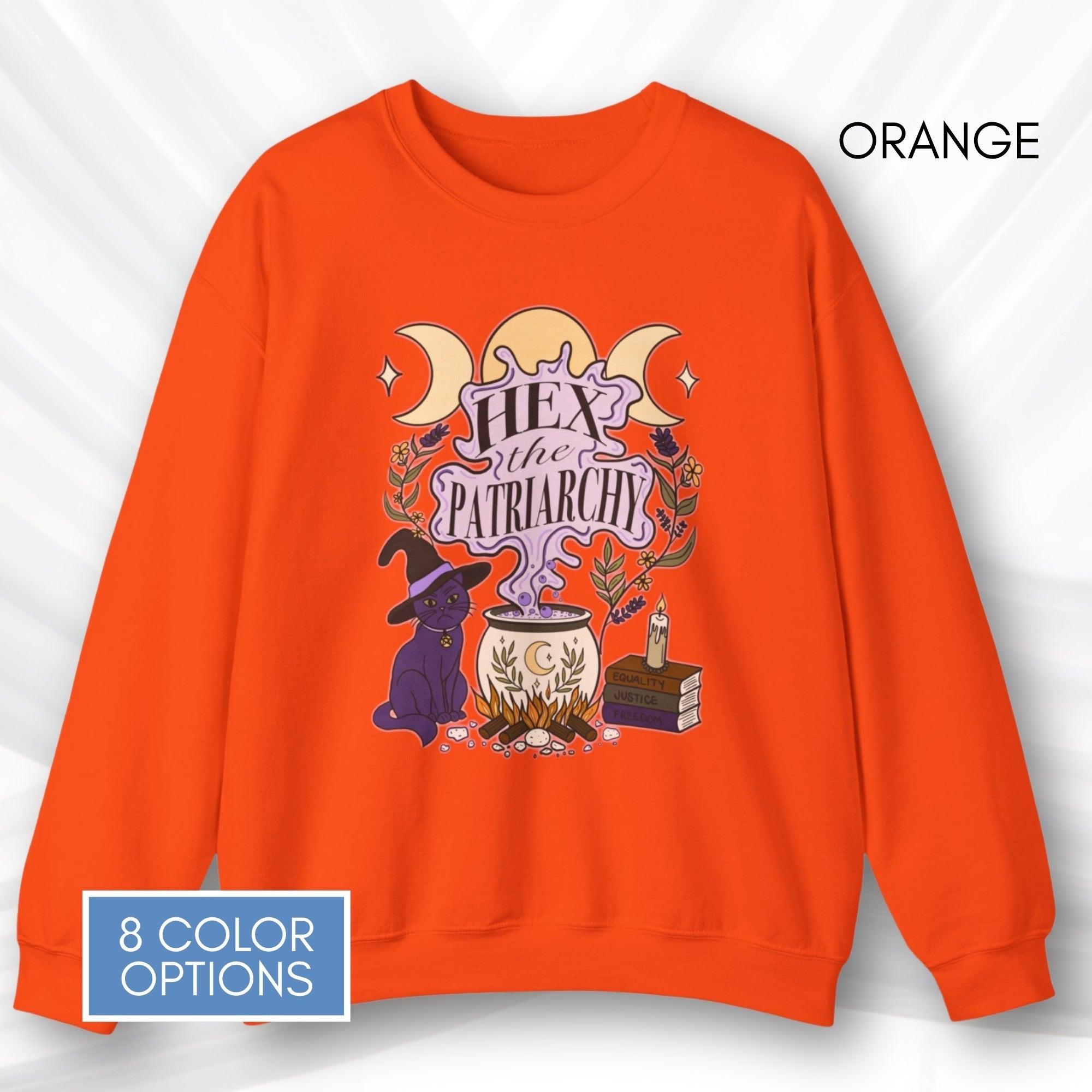 hex-the-patriarchy-witchy-feminist-sweatshirt-halloween-activism-crewneck-sweater-hand-drawn-art-orange