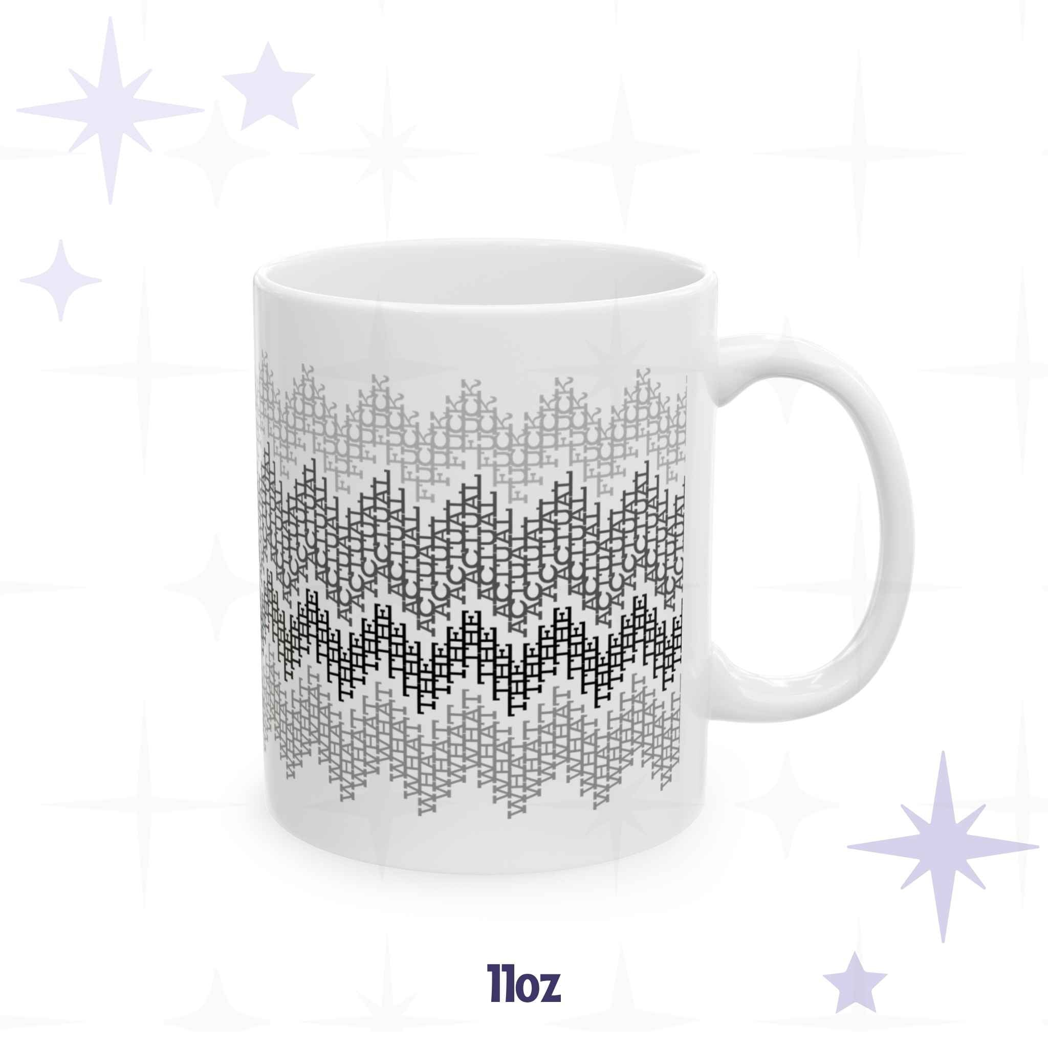 White ceramic 11oz coffee mug with monochrome gray fair isle zigzag pattern hiding the repeating phrase what the actual fuck in cross-stitch typography