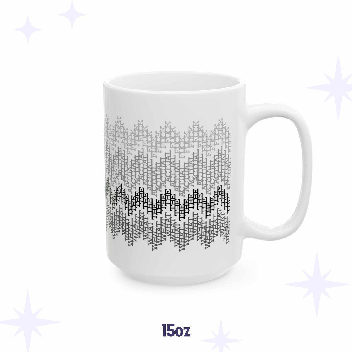 White ceramic coffee mug with subtle gray gradient fair isle pattern made from hidden swear words, What the Actual F*ck, 15 oz