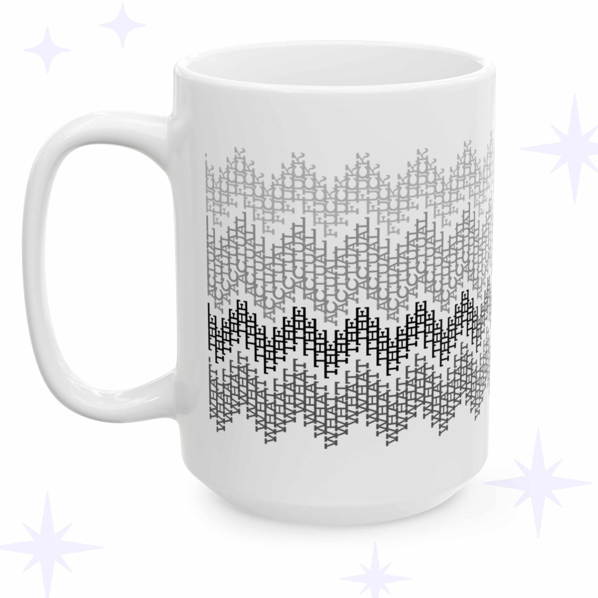 White ceramic coffee mug with subtle gray gradient fair isle pattern made from hidden swear words, What the Actual F*ck