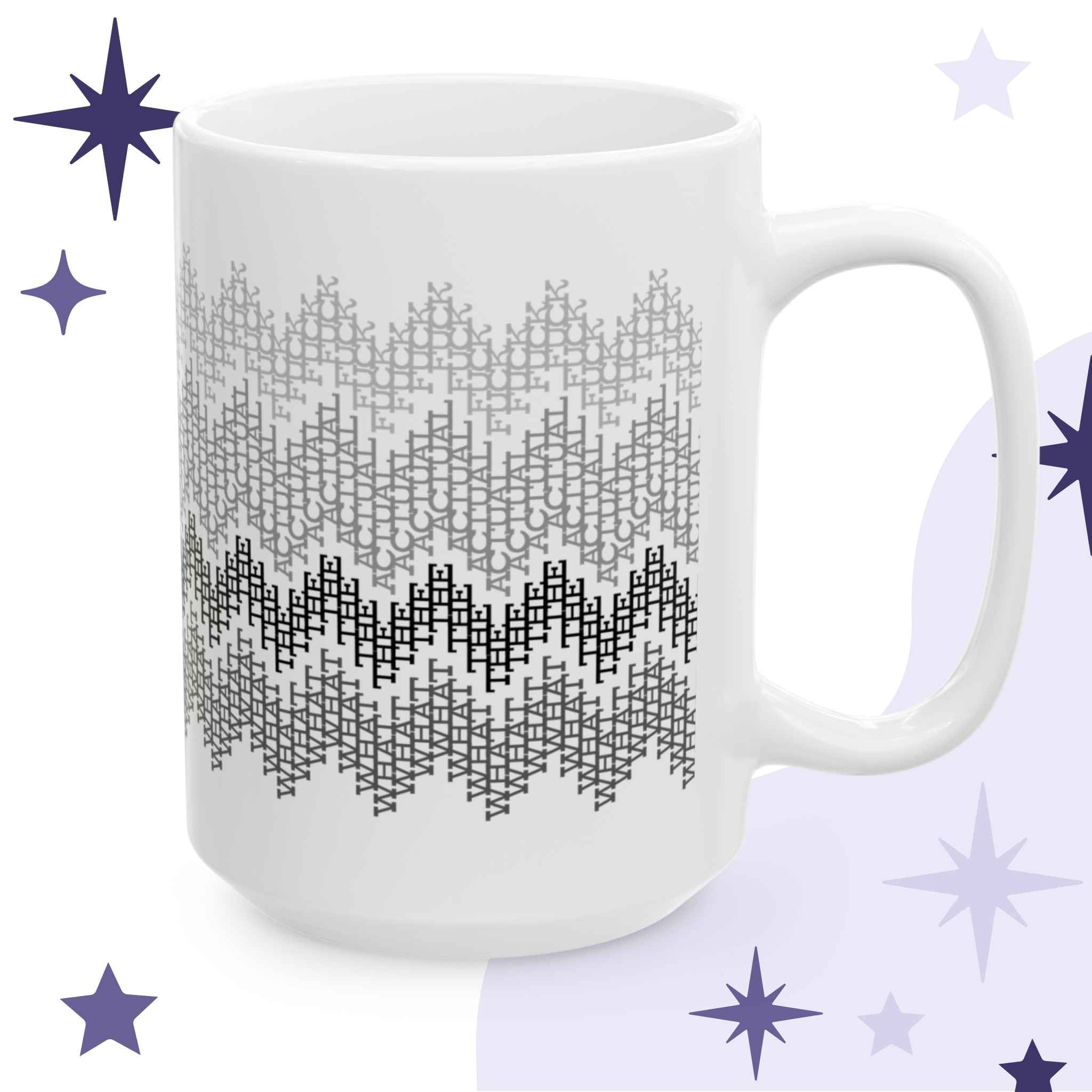 White ceramic coffee mug with subtle gray gradient fair isle pattern made from hidden swear words, shown at an angle