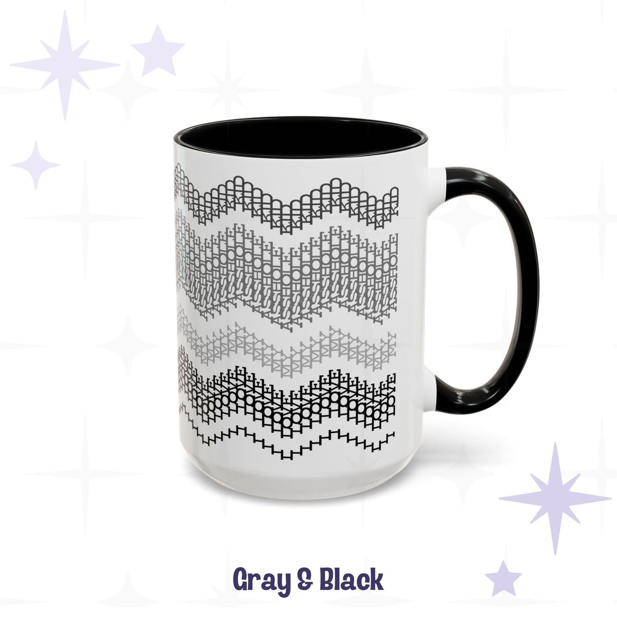 Gray and Black 15oz hidden message mug on a white background, showing the full wrap-around embroidery-style chevron pattern with black handle and black interior