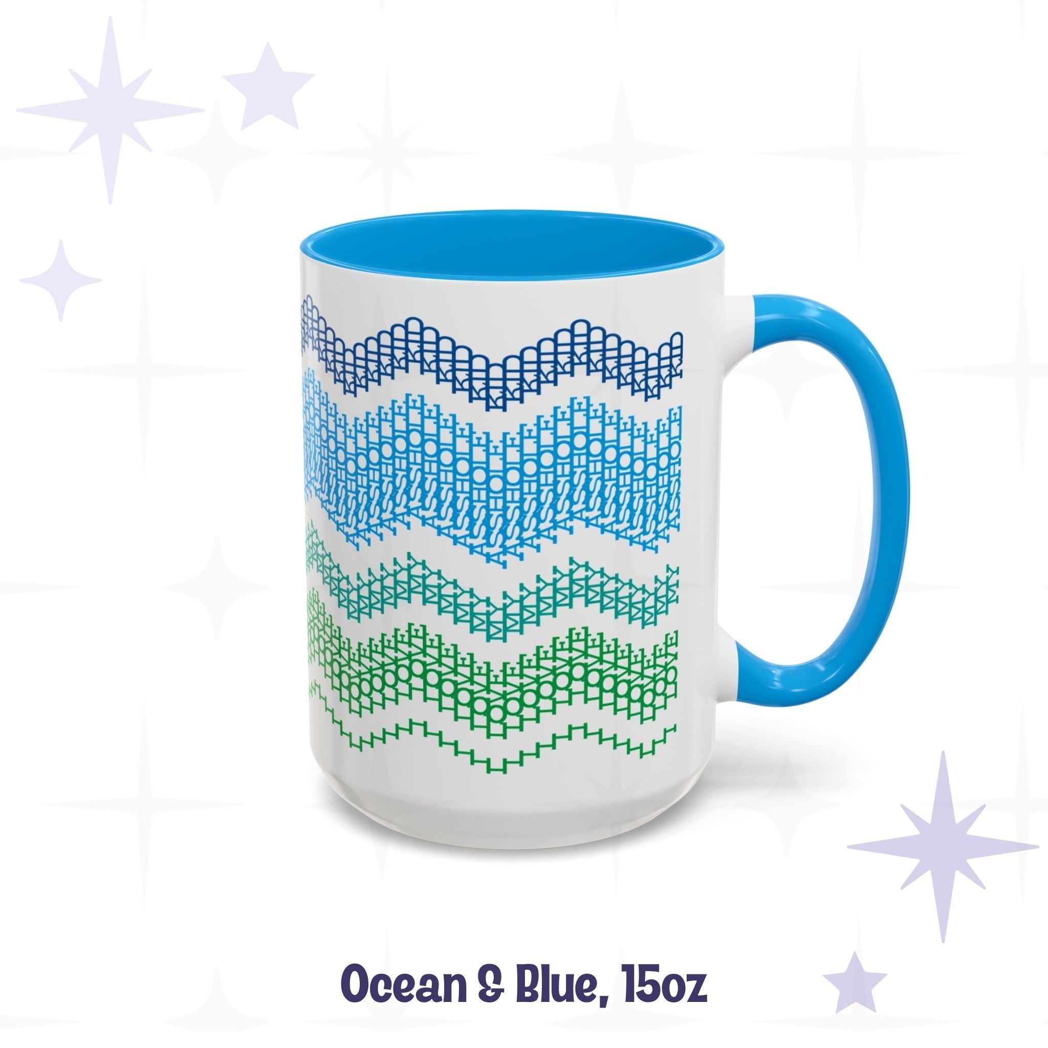 Side view of the Ocean and Blue 15oz hidden message mug showing the full-wrap chevron gradient from navy to green with blue handle, labeled &