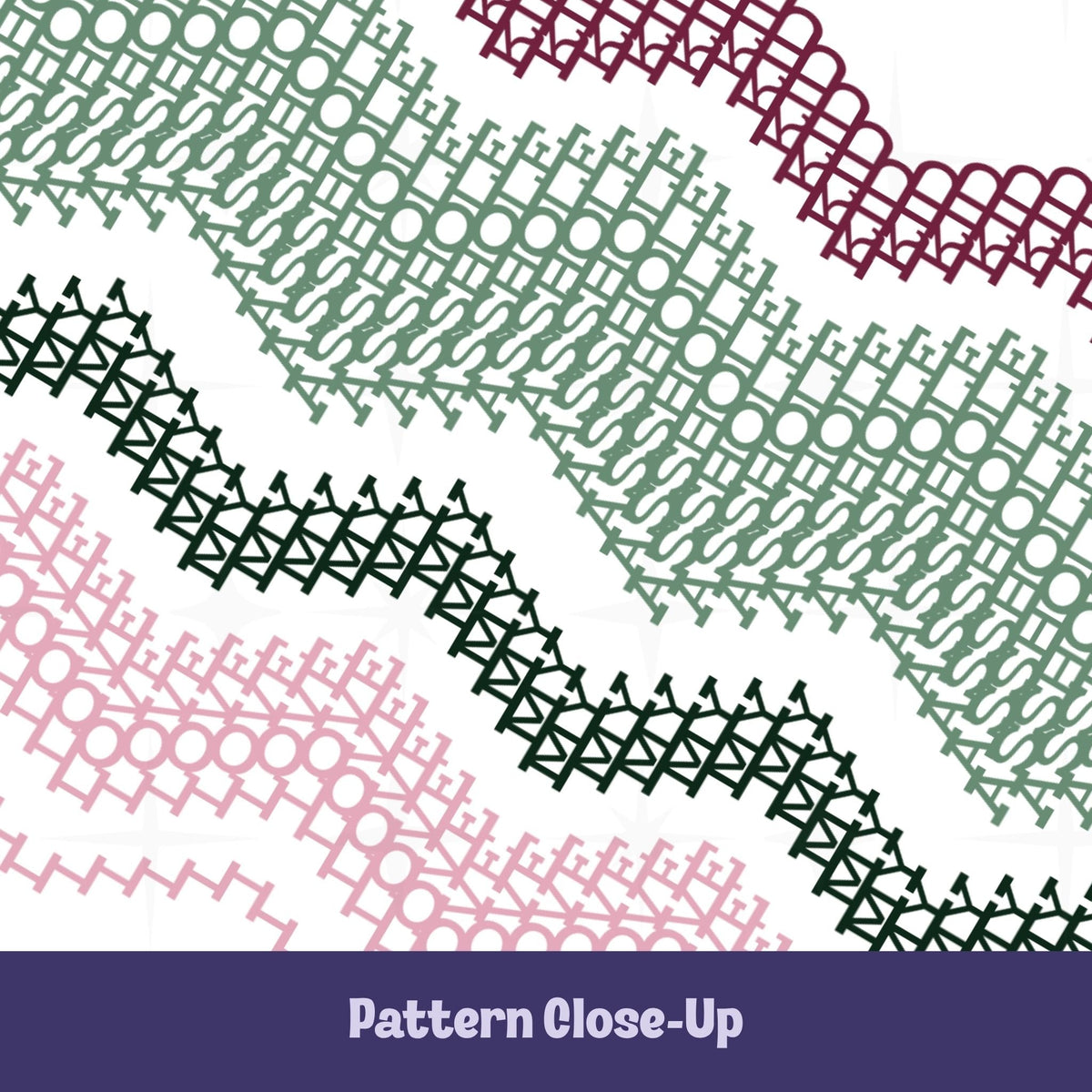 Close-up of the Preppy Pink colorway pattern showing chevron bands in deep burgundy, sage green, forest green, and blush pink with hidden typographic stitching throughout