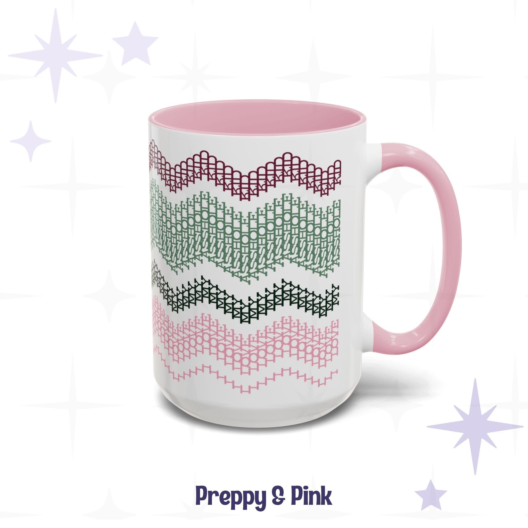 Preppy and Pink 15oz hidden message mug on a white background, showing the four-band chevron pattern in burgundy, sage, forest green, and blush pink with pink handle and pink interior