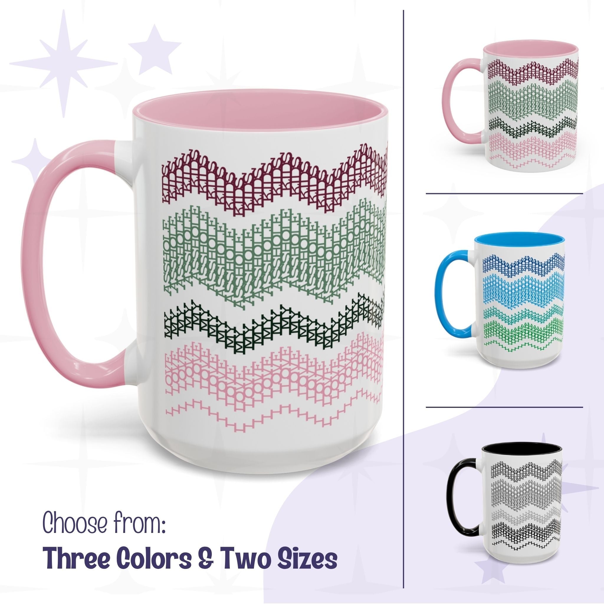 Hidden message ceramic accent mug showing all three colorways — Preppy Pink, Ocean Blue, and Gray & Black — in 11oz and 15oz sizes, with fair isle-style typographic wave pattern