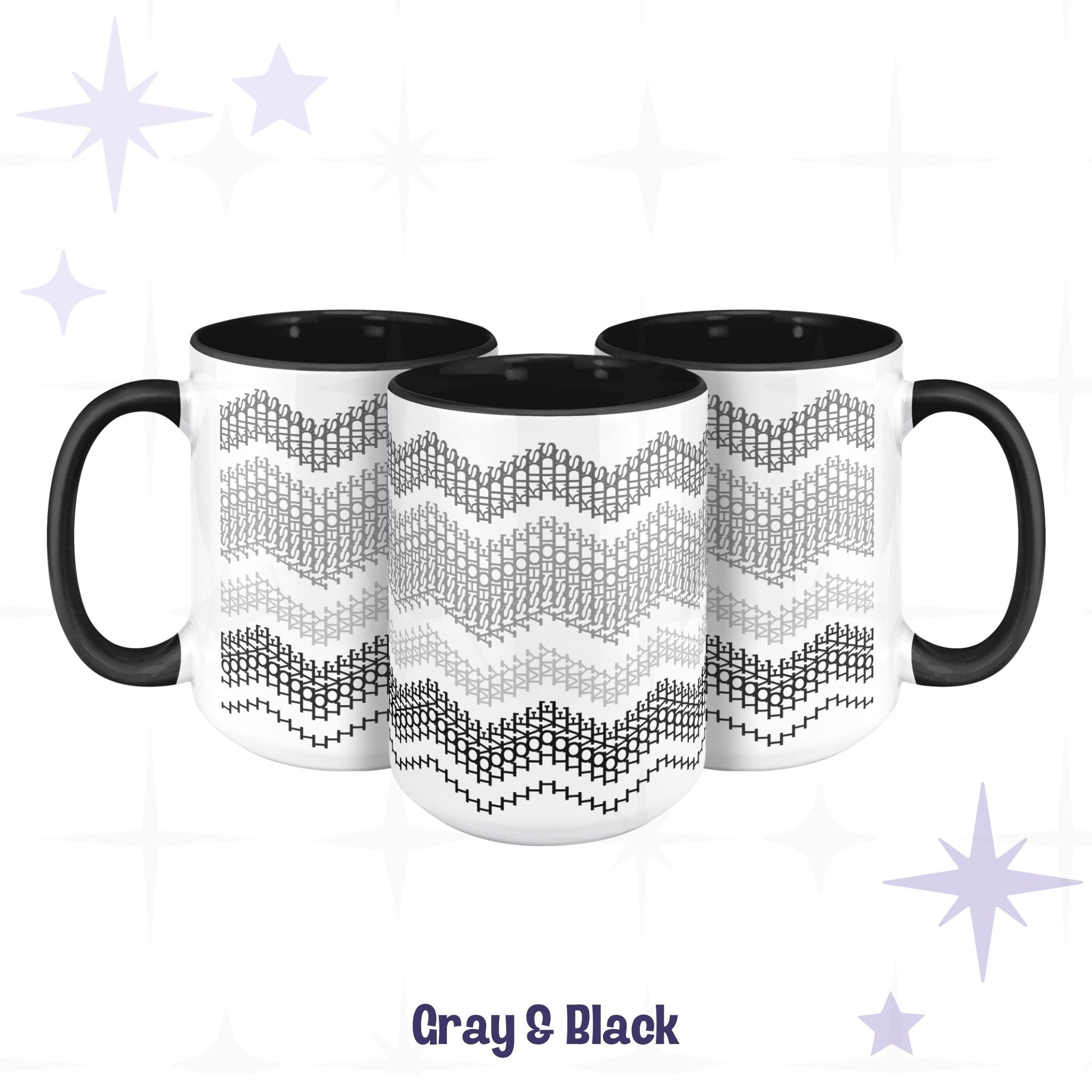 Three Gray & Black hidden message accent mugs arranged together, showing full wrap-around typographic wave pattern in charcoal, gray, and black on white ceramic