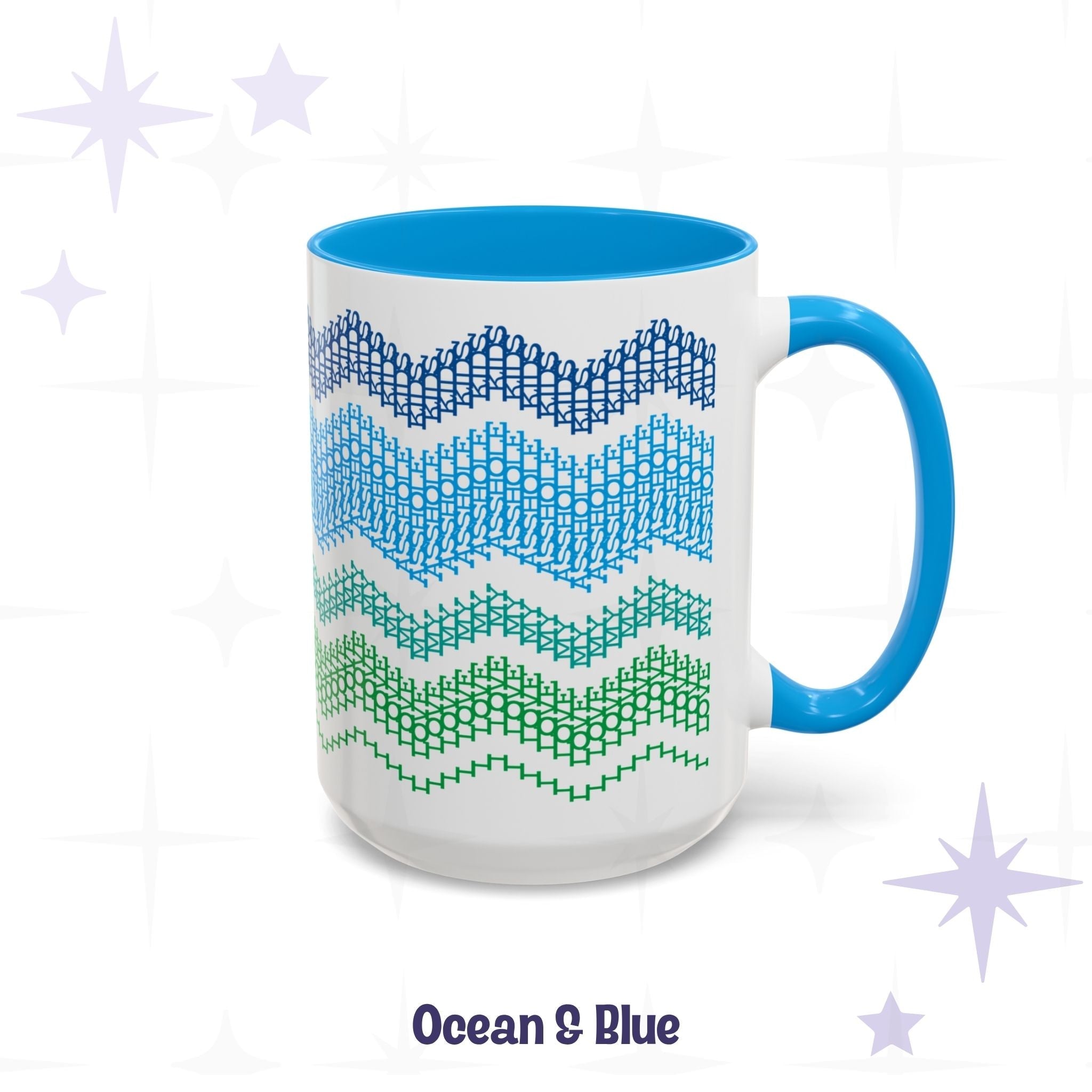 Ocean & Blue hidden message coffee mug, 15oz, side view — white ceramic with blue handle and interior, four chevron bands in navy, cornflower blue, teal, and kelly green