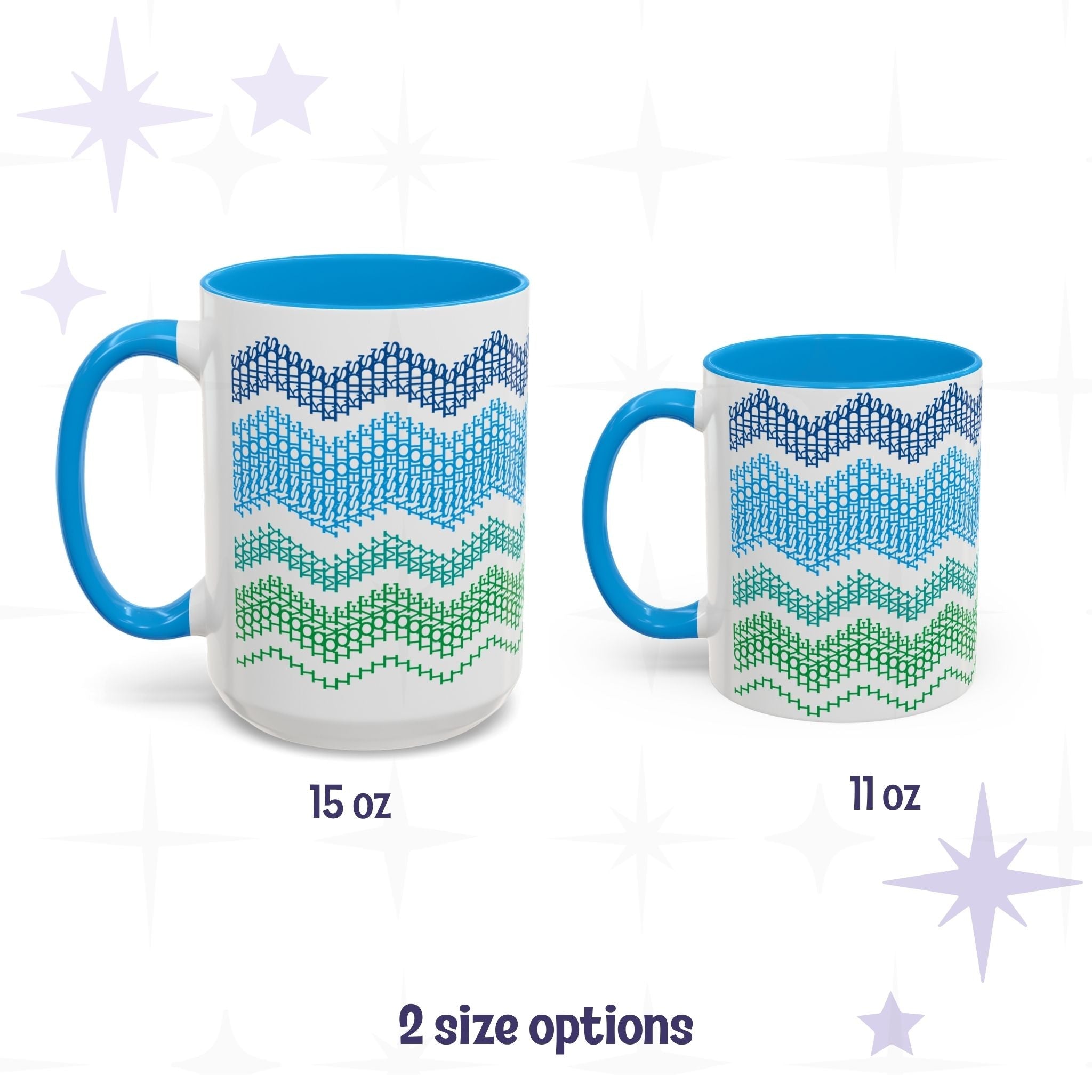 Side-by-side size comparison of Ocean & Blue hidden message mugs: 15oz and 11oz, both with blue accent handles and the four-band typographic wave pattern
